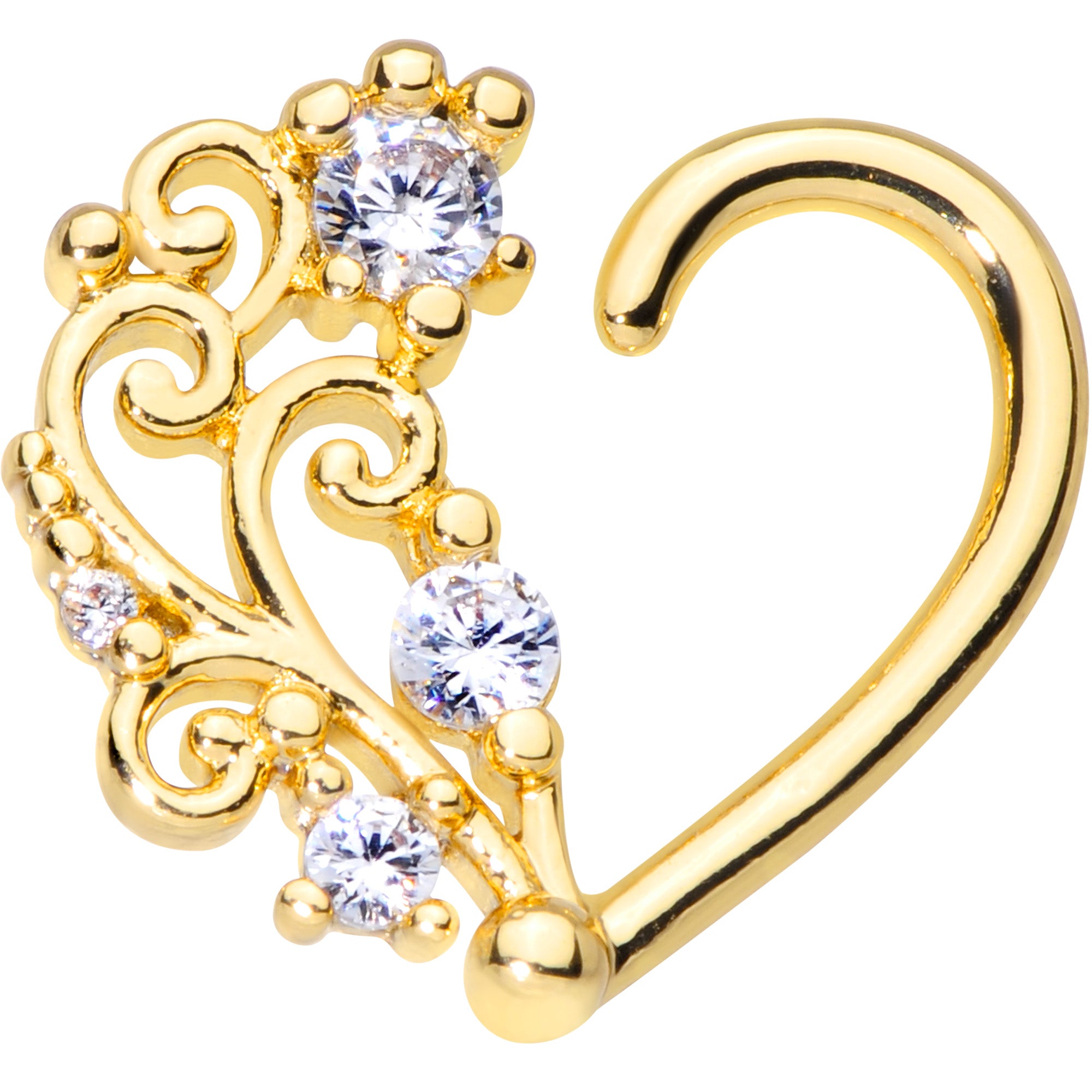 16 Gauge 3/8 Clear CZ Gem Gold Tone Wave Open Heart Right Closure Ring