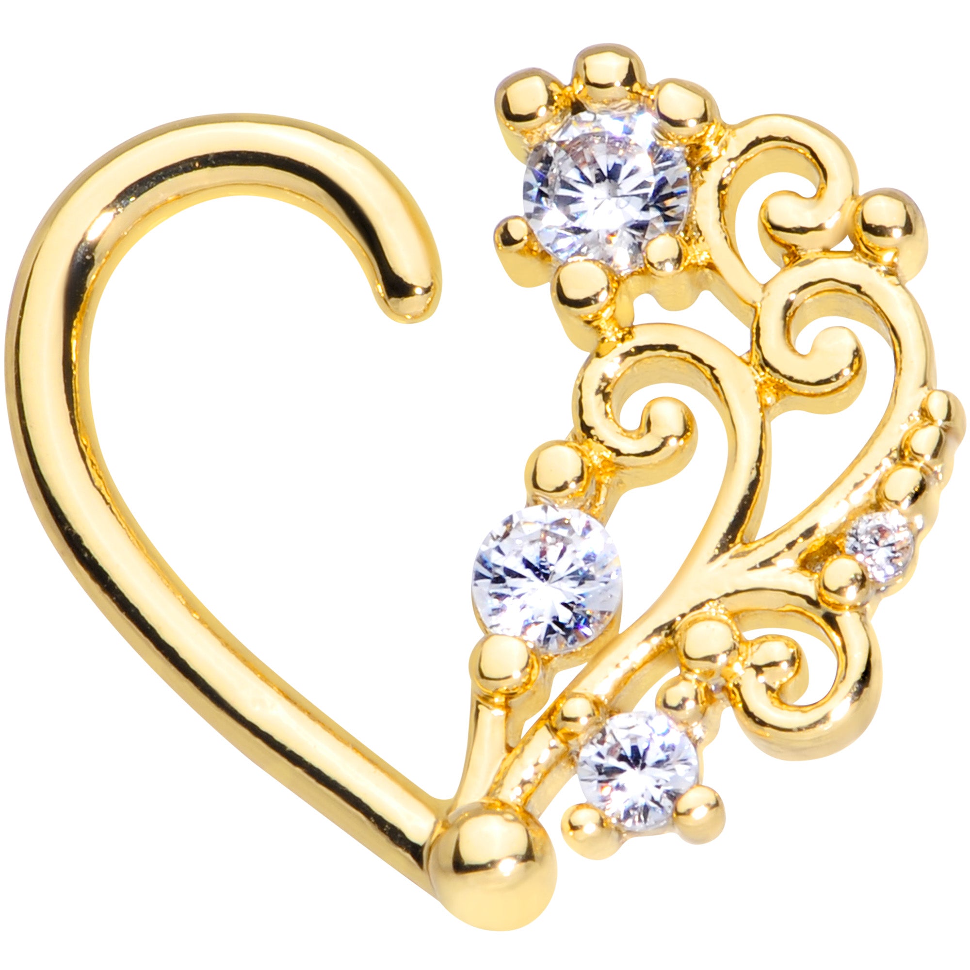 16 Gauge 3/8 Clear CZ Gem Gold Tone Wave Open Heart Left Closure Ring