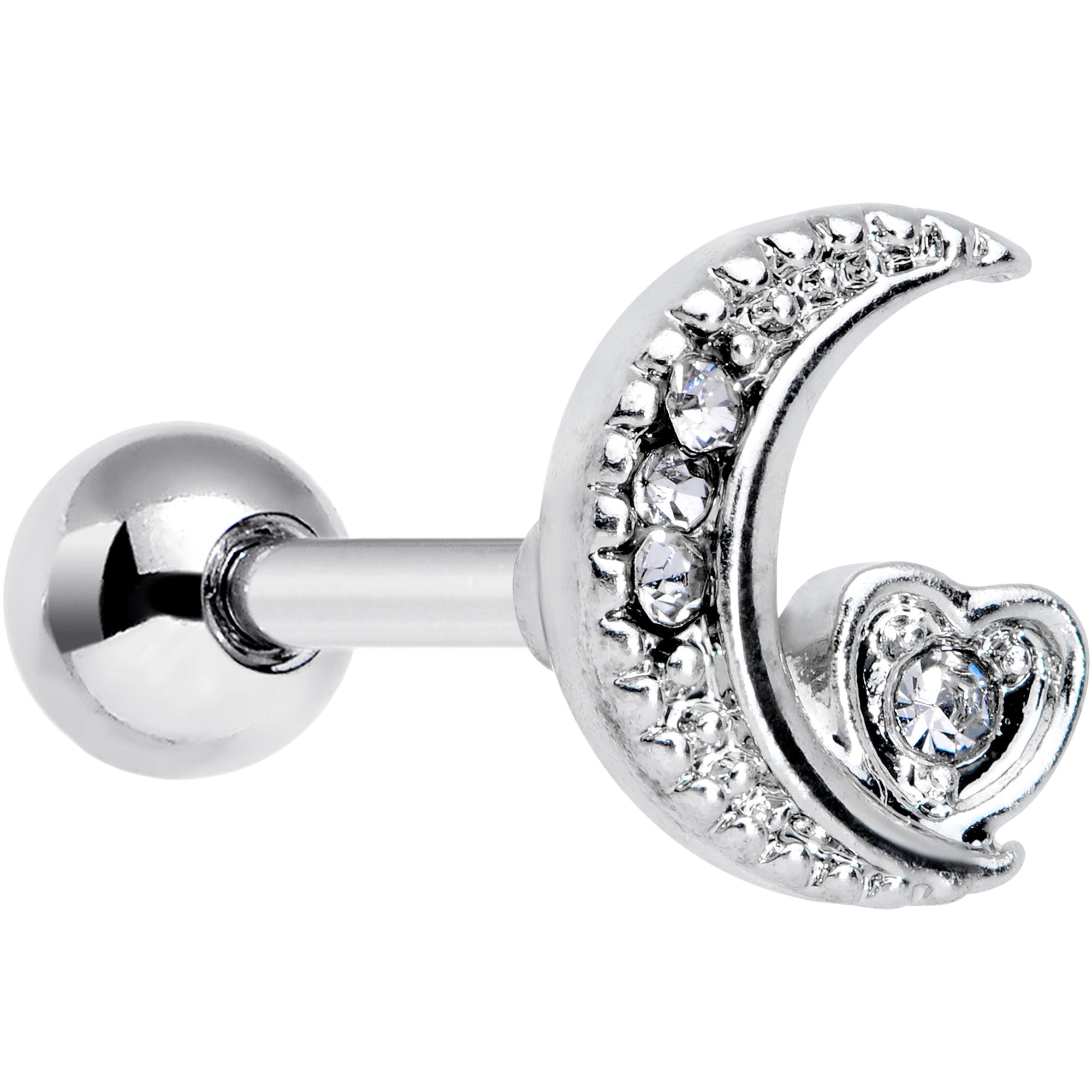 16 Gauge 1/4 Clear CZ Gem Moon Heart Cartilage Earring