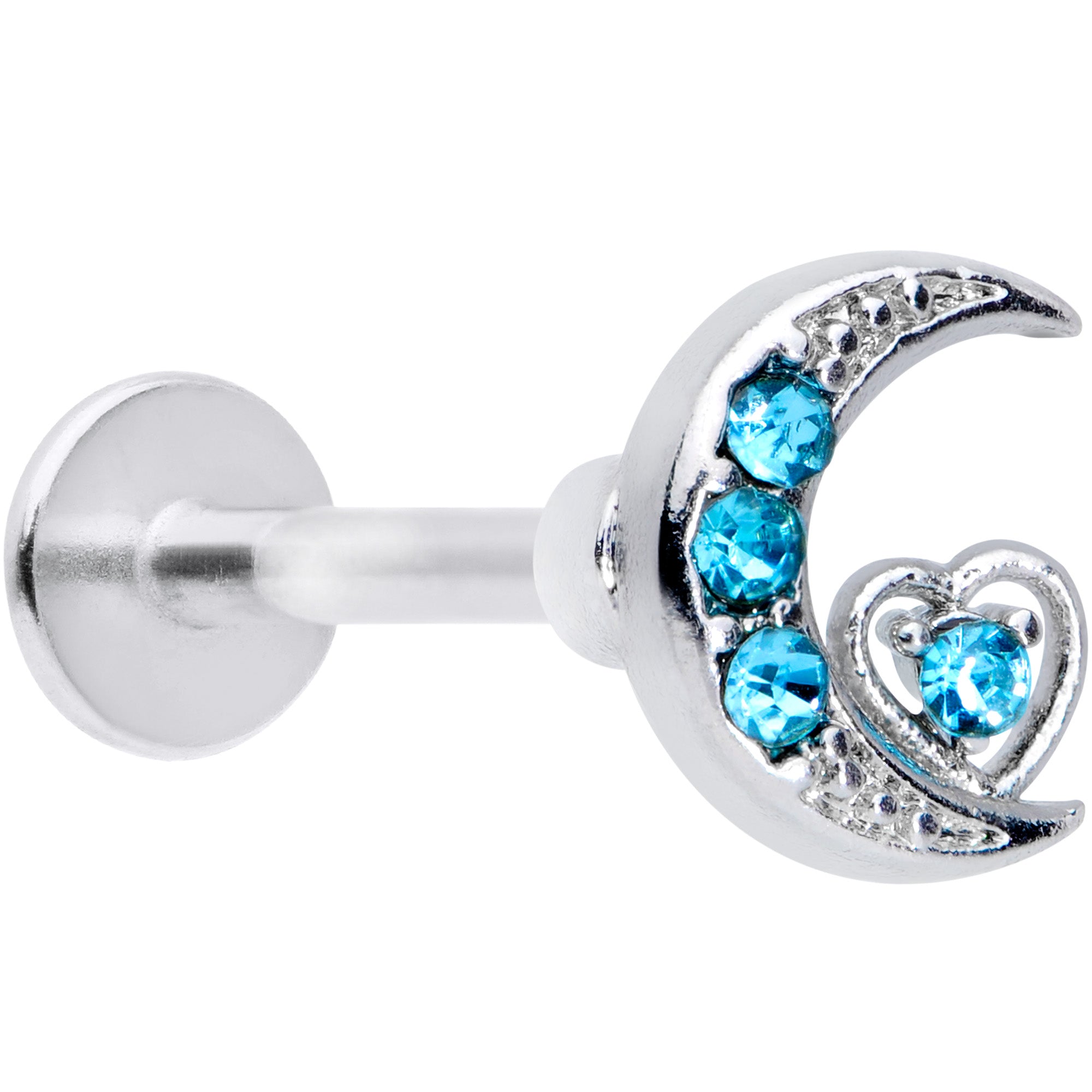 16 Gauge 5/16 Aqua CZ Gem Crescent Moon Heart Labret Monroe Tragus