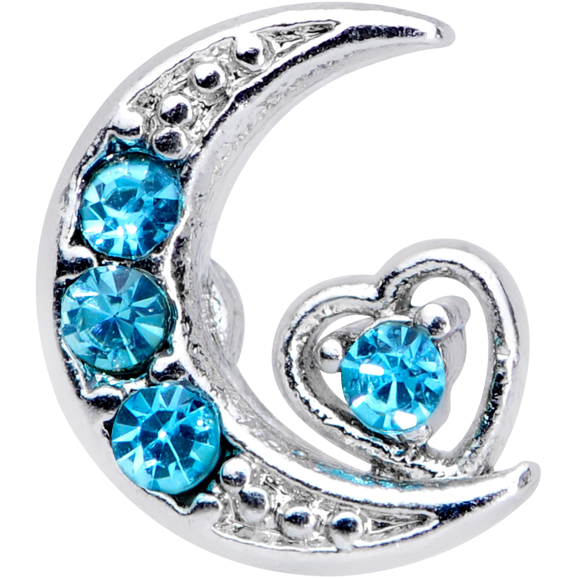 16 Gauge 5/16 Aqua CZ Gem Crescent Moon Heart Labret Monroe Tragus