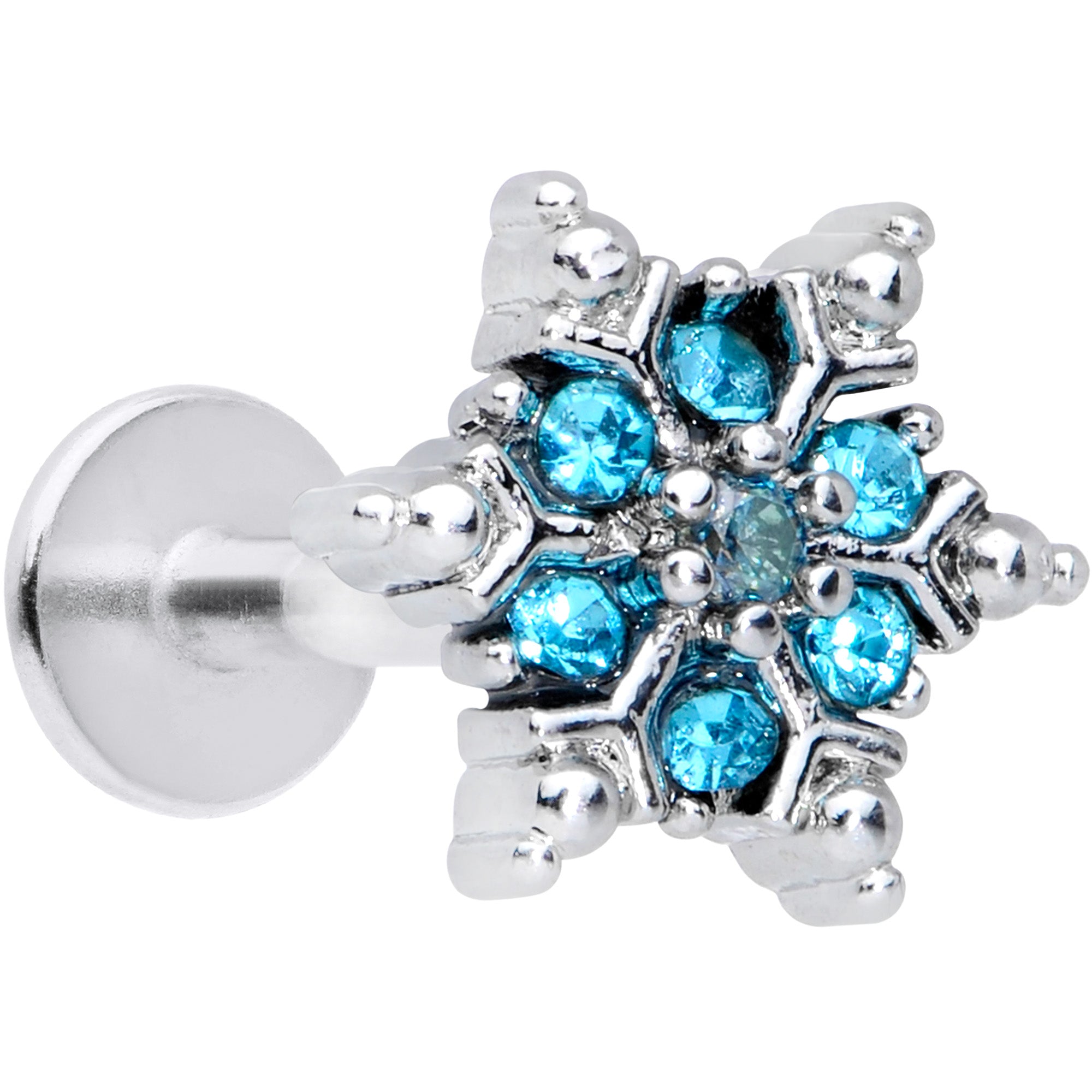 16 Gauge 5/16 Aqua CZ Gem Snowflake Christmas Labret Monroe Tragus