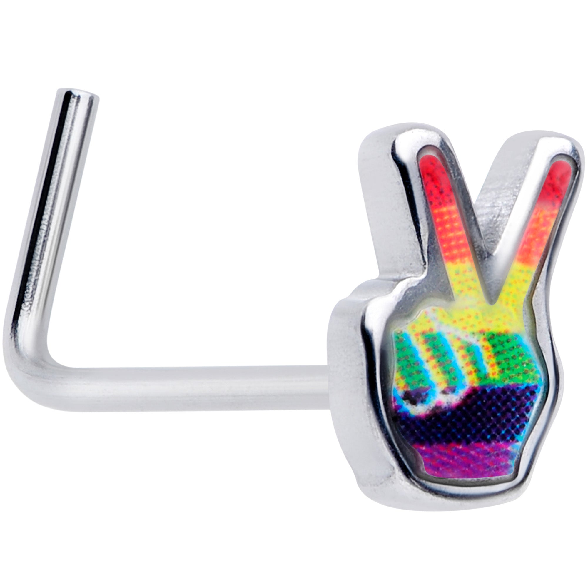 20 Gauge 5/16 Rainbow Gay Pride Peace Sign L-Shaped Nose Ring