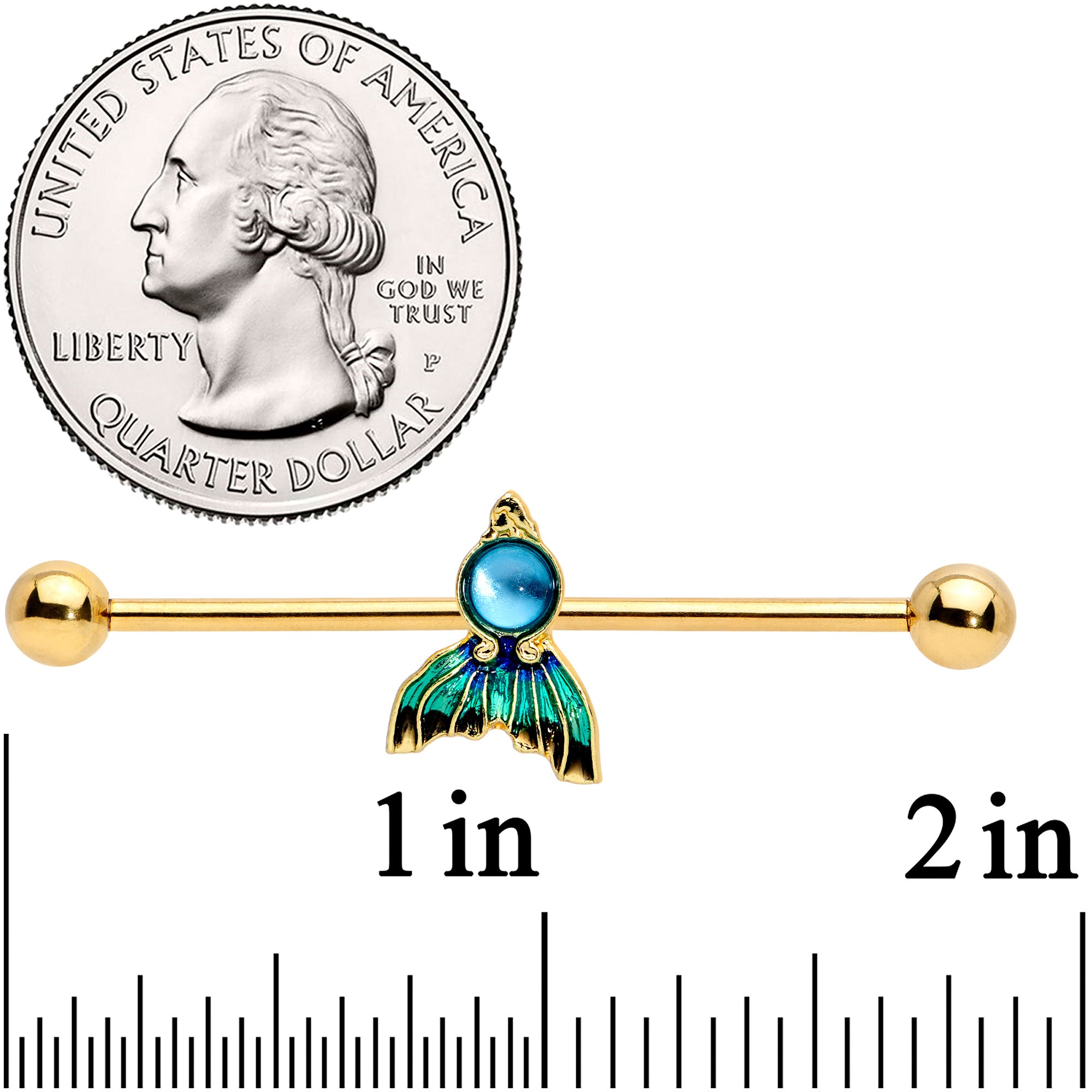 14 Gauge Gold Tone Blue Green Mermaid Tail Industrial Barbell 38mm