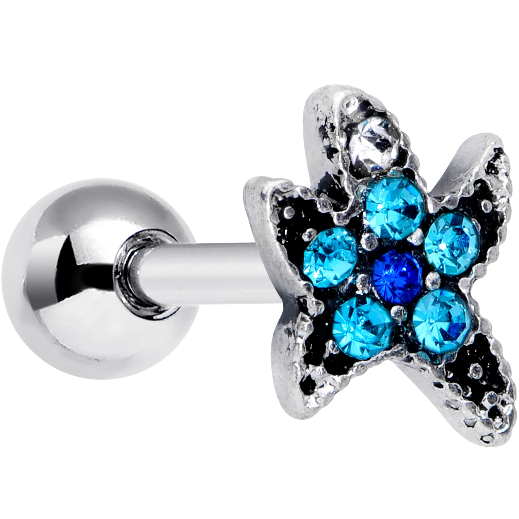 16 Gauge 1/4 Aqua Blue Gem Starfish Cartilage Tragus Earring