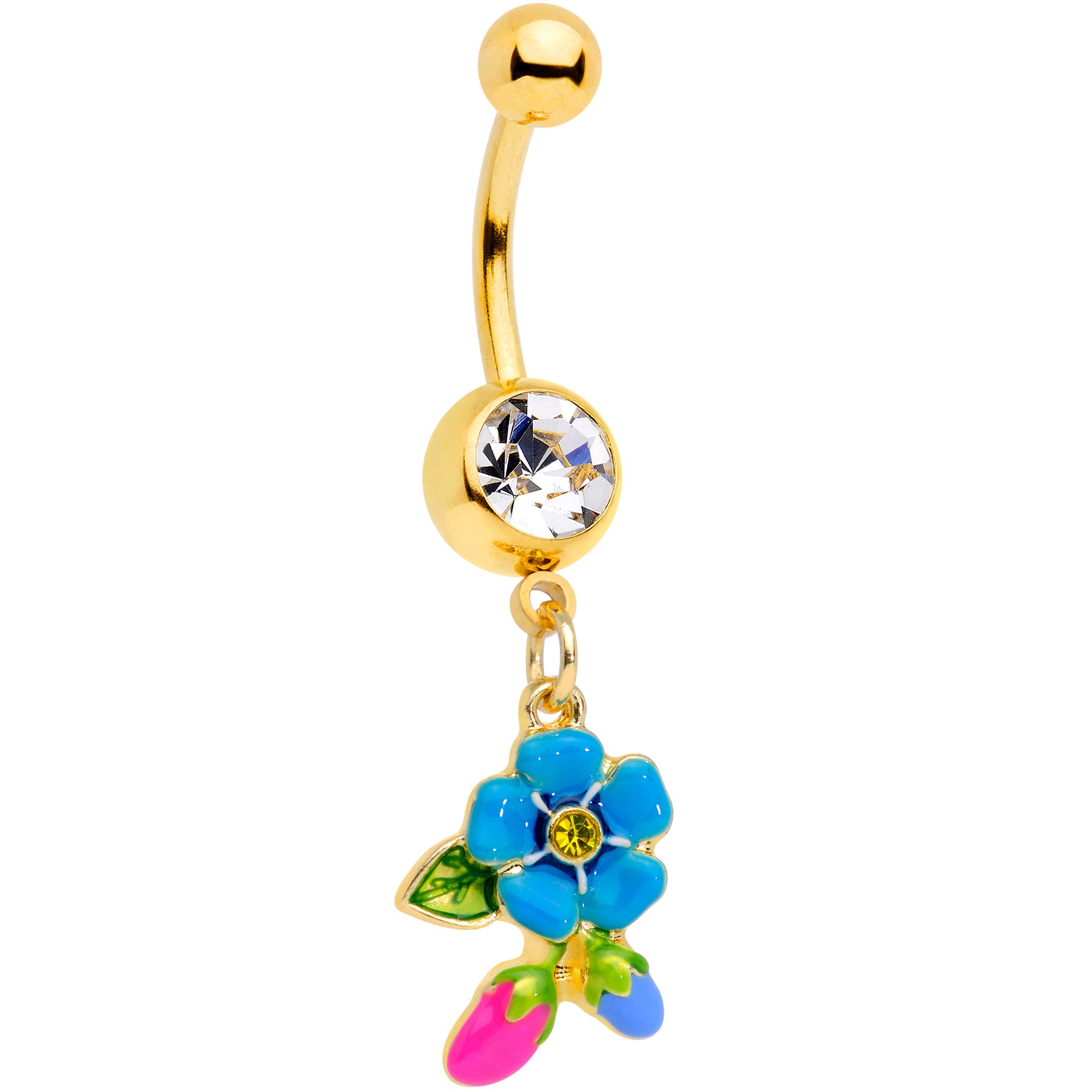 Clear Yellow Gem Gold Tone Neon Flower Dangle Belly Ring