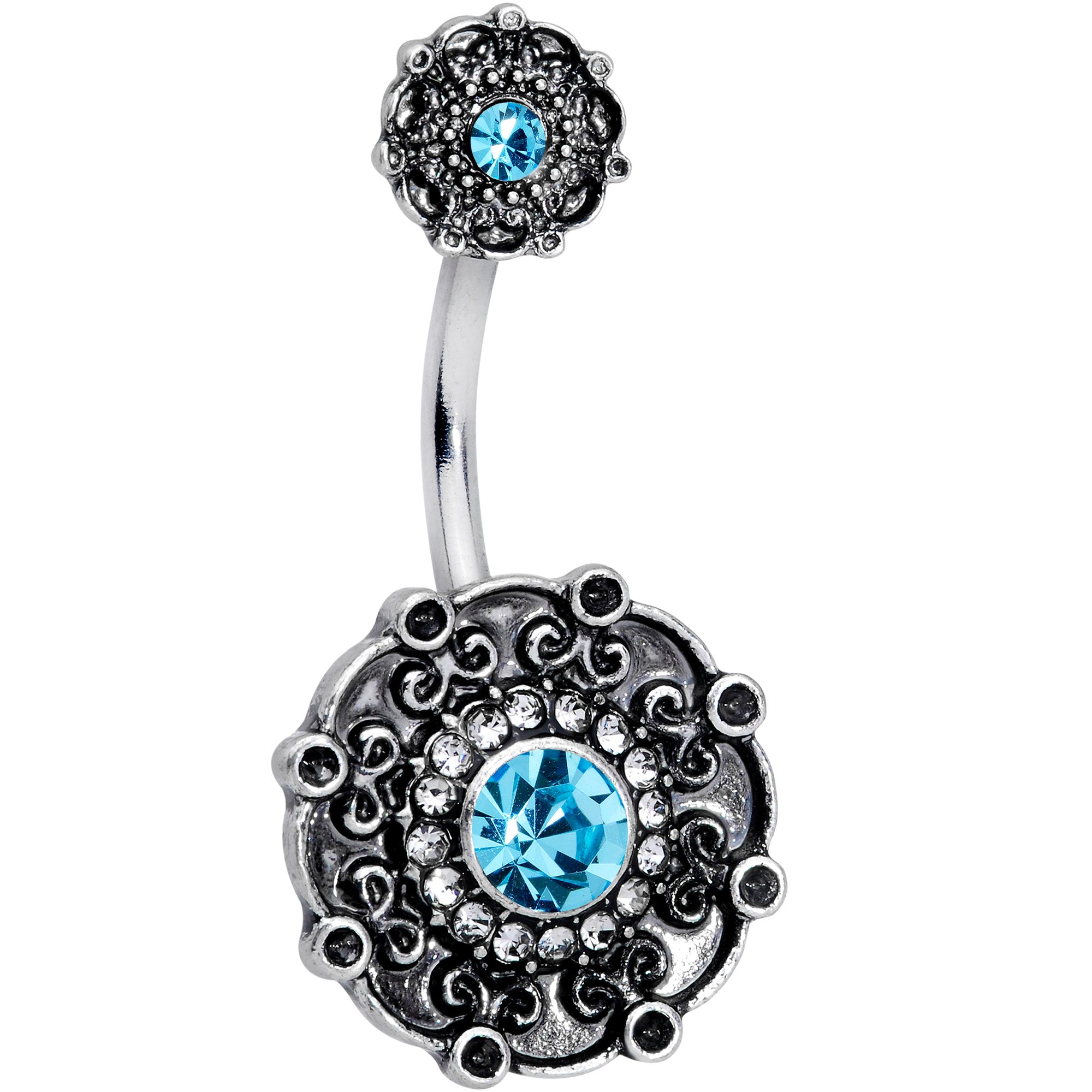 Clear Aqua Gem Floral Emblem Double Mount Belly Ring