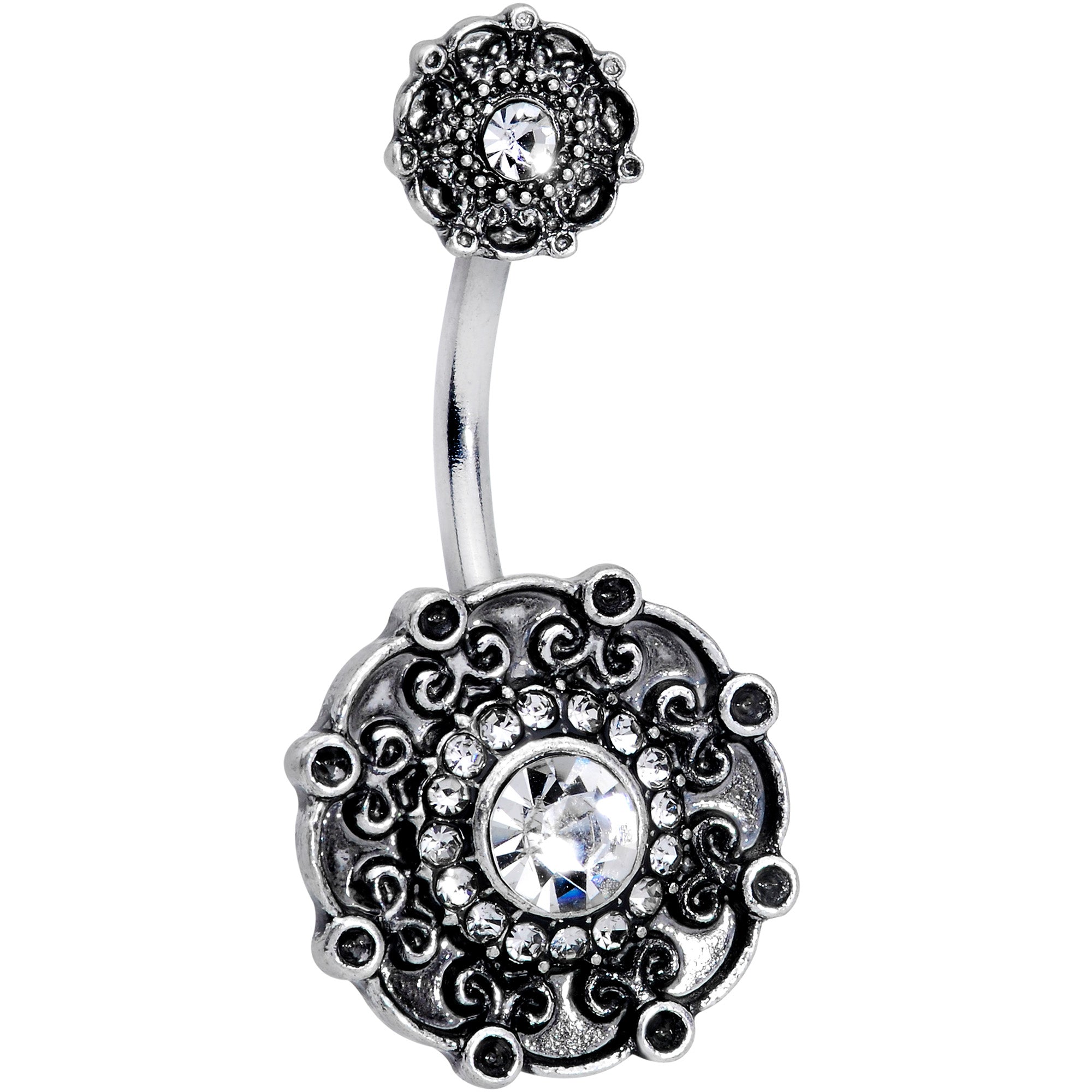 Clear Gem Floral Emblem Double Mount Belly Ring