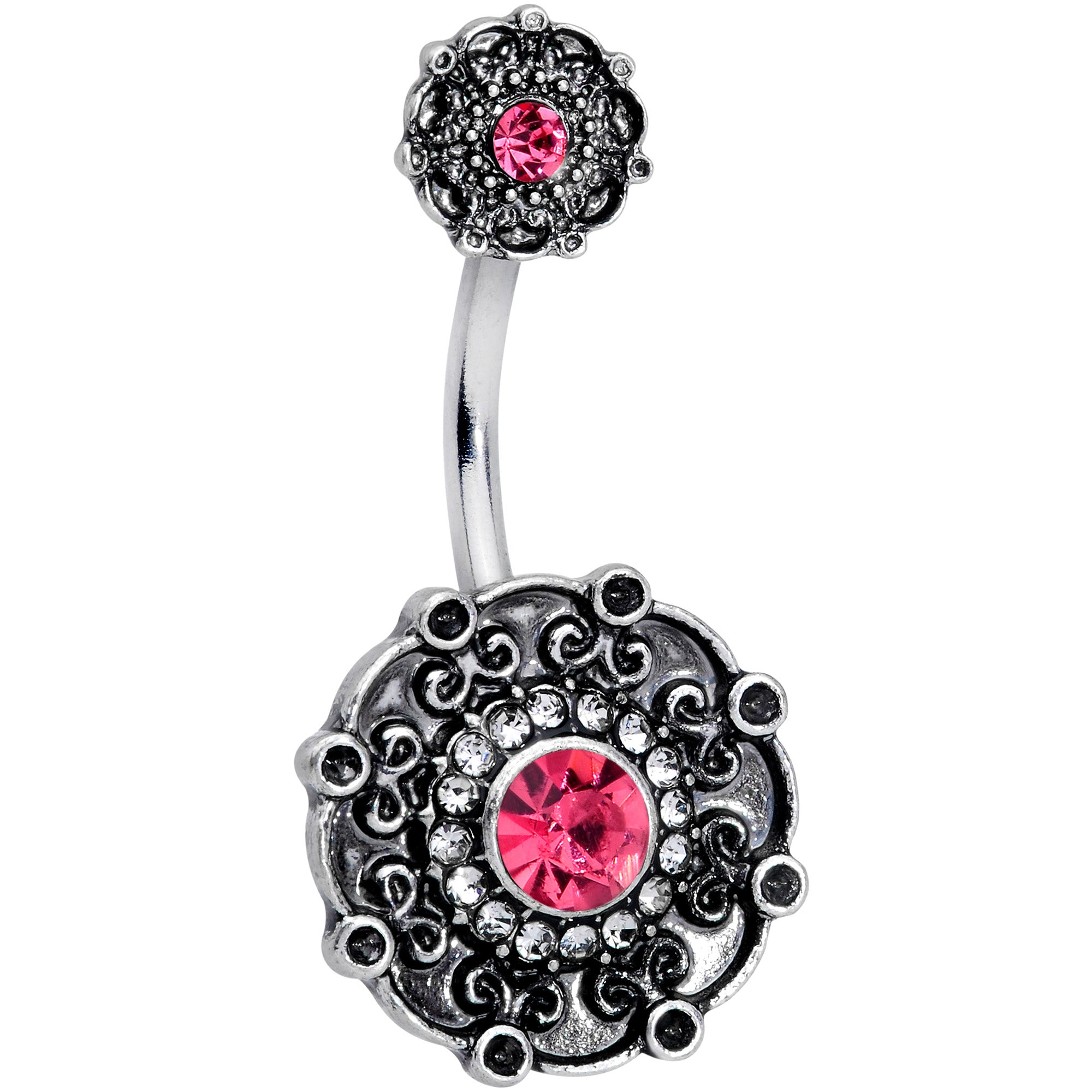 Clear Pink Gem Floral Emblem Double Mount Belly Ring