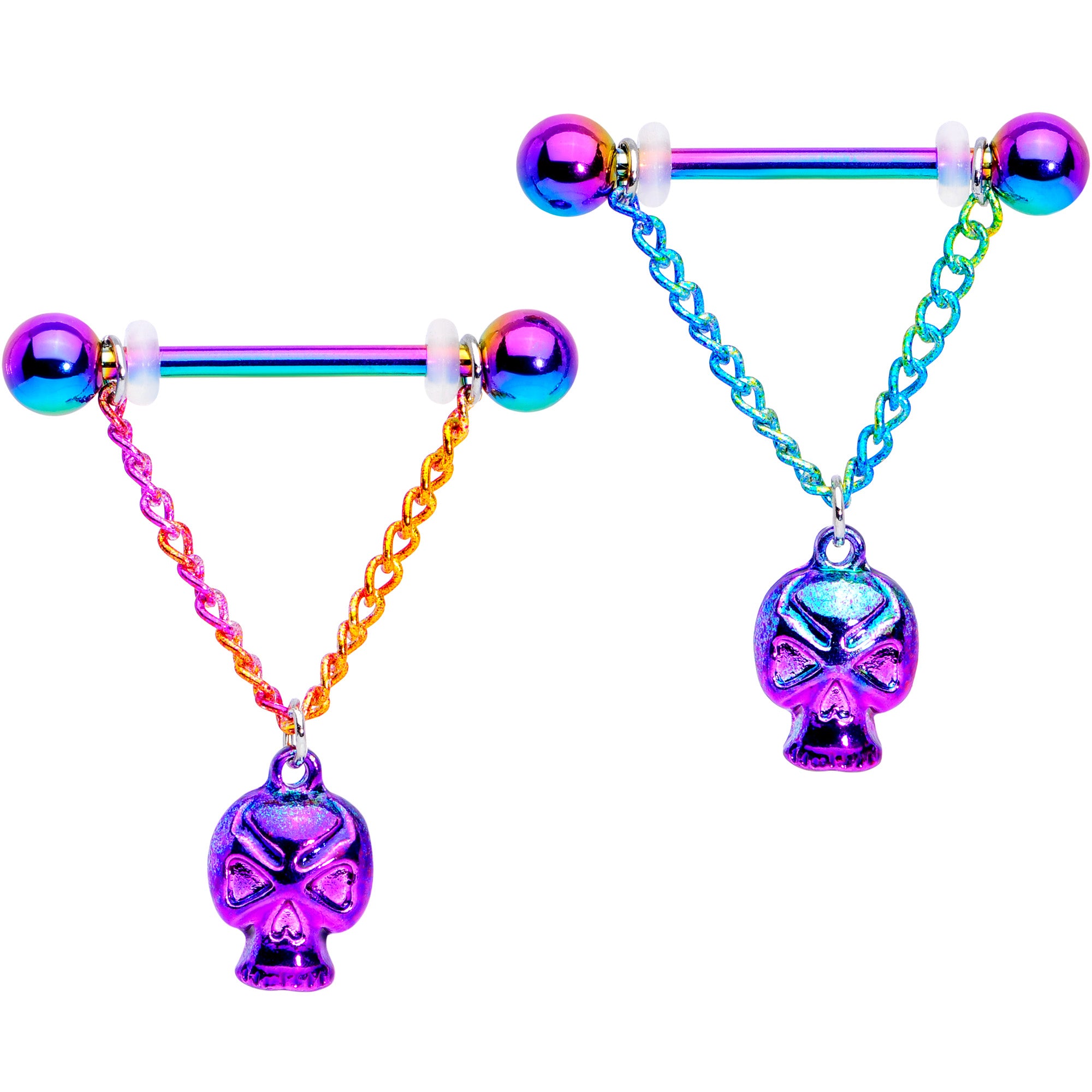 14 Gauge 3/4 Rainbow Plated Scary Skull Dangle Barbell Nipple Ring Set