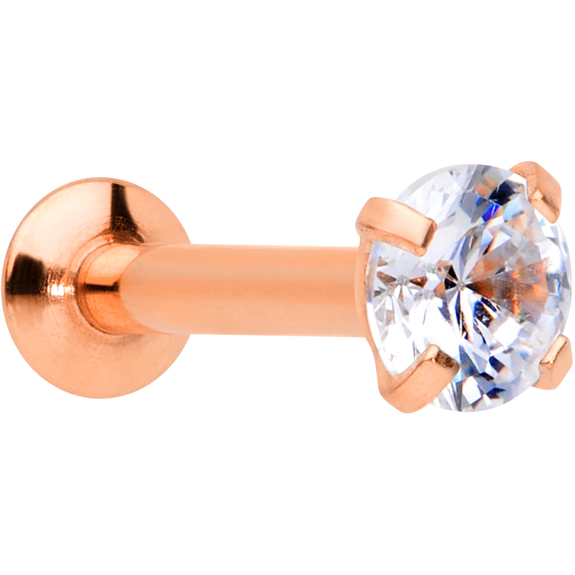 16 Gauge 1/4 CZ Gem Rose Gold PVD 3mm Threadless Push In Labret Tragus