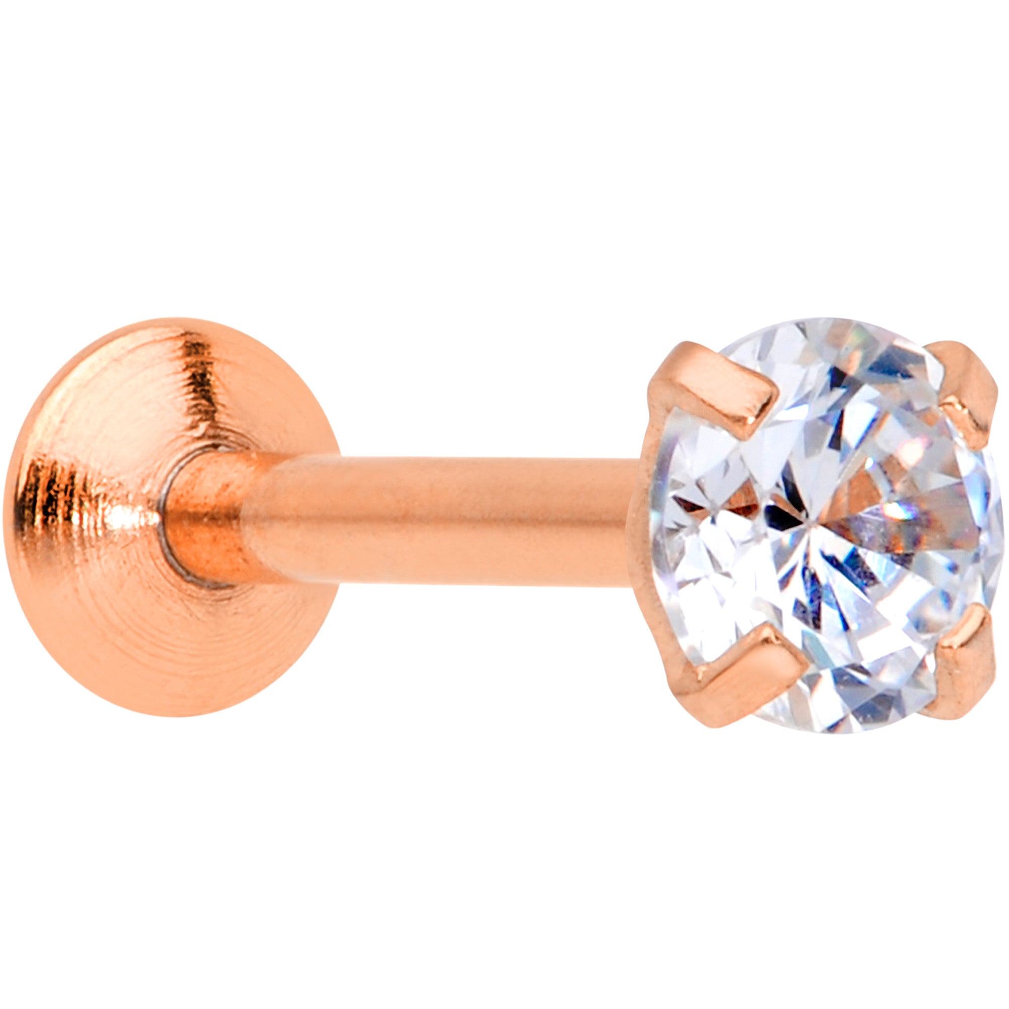 18 Gauge 1/4 CZ Gem Rose Gold PVD 3mm Threadless Push In Labret Tragus