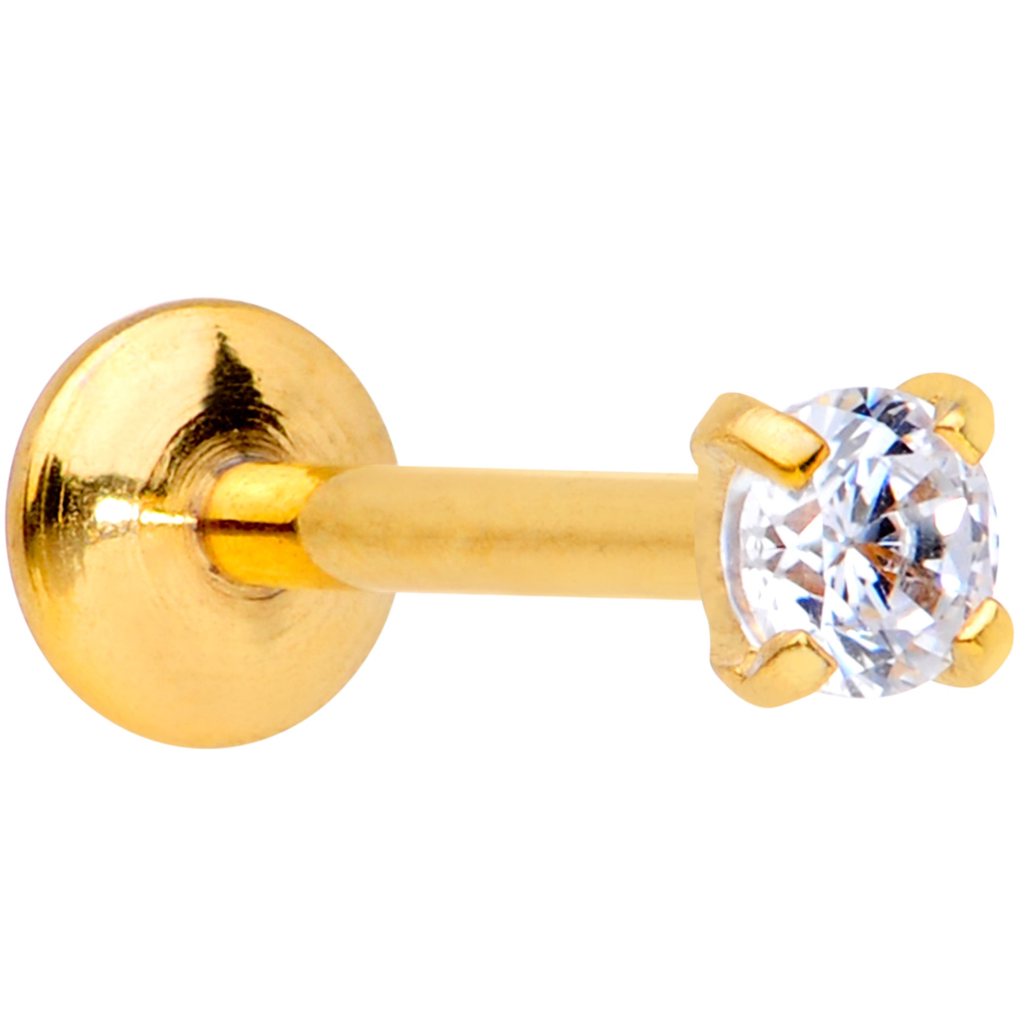 20 Gauge 1/4 CZ Gem Gold PVD 2mm Threadless Push In Labret Tragus