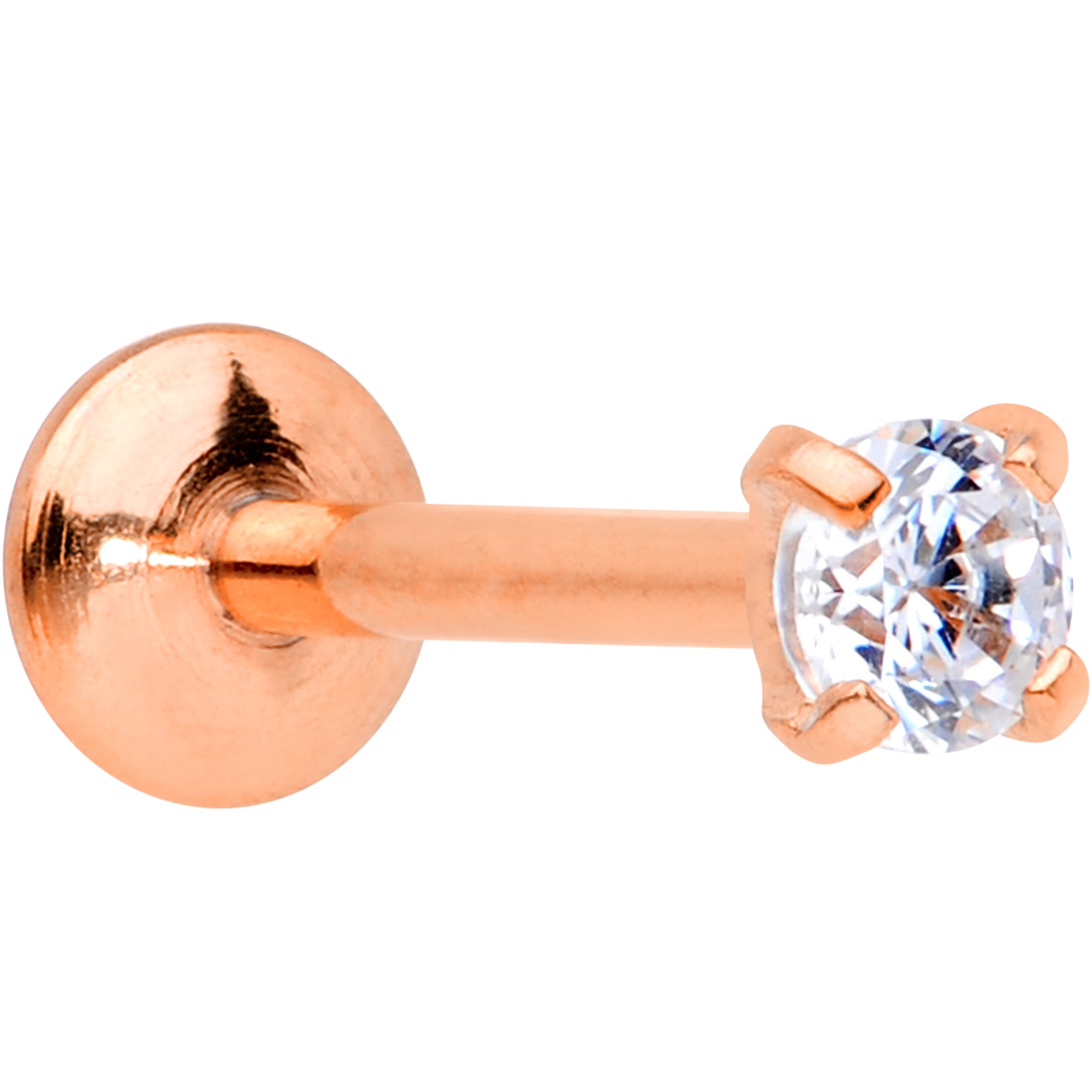 20 Gauge 1/4 CZ Gem Rose Gold PVD 2mm Threadless Push In Labret Tragus