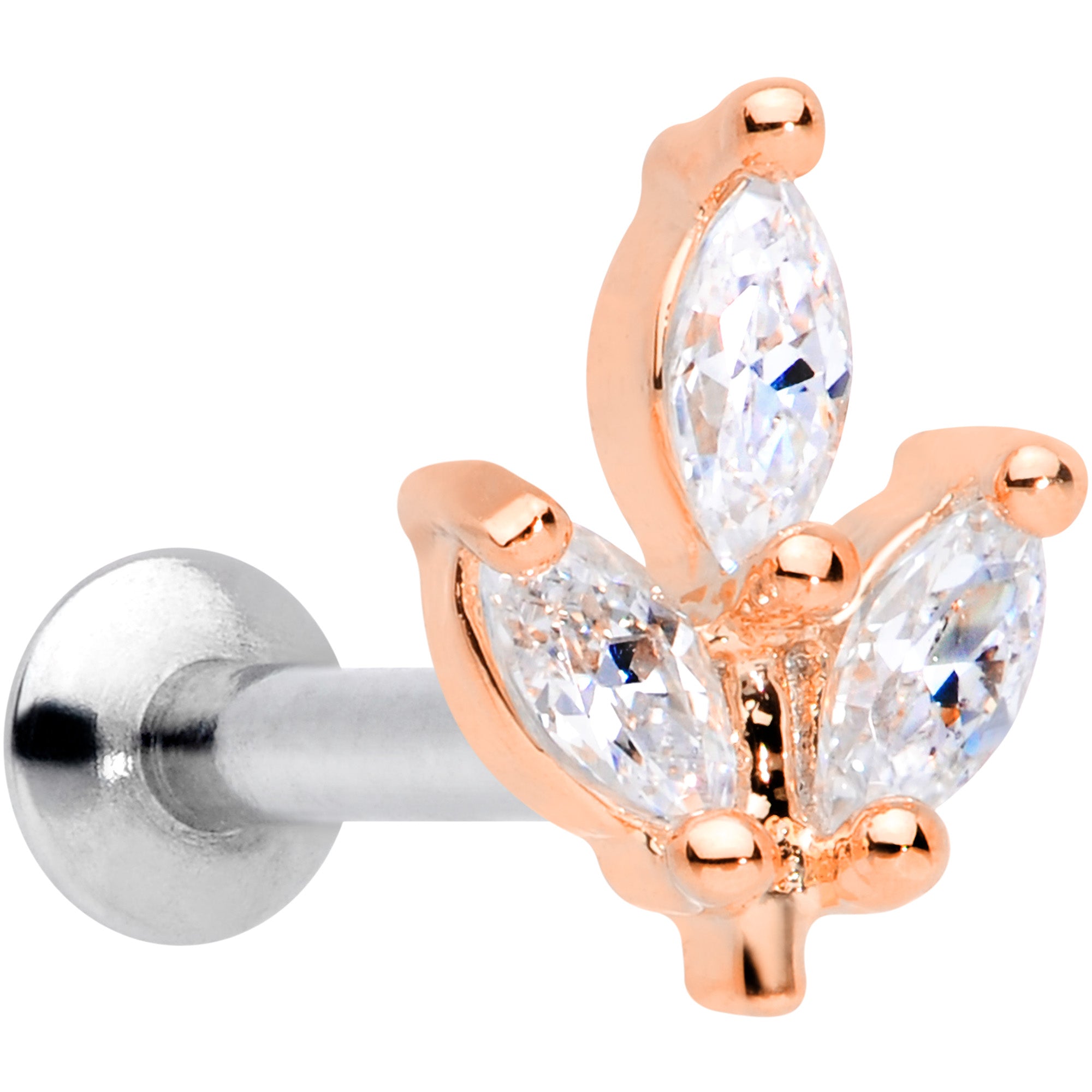 16 Gauge 1/4 CZ Rose Gold PVD Leaf Threadless Push In Labret Tragus