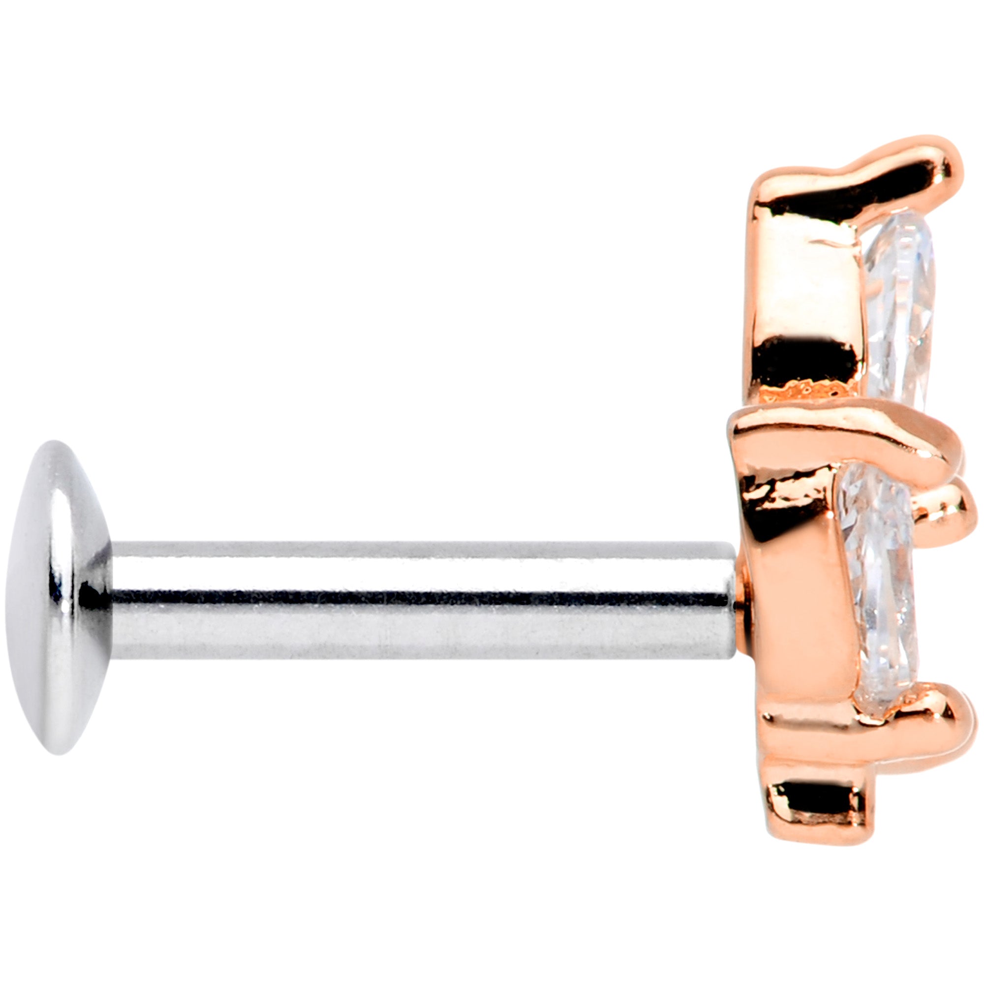 16 Gauge 1/4 CZ Rose Gold PVD Leaf Threadless Push In Labret Tragus