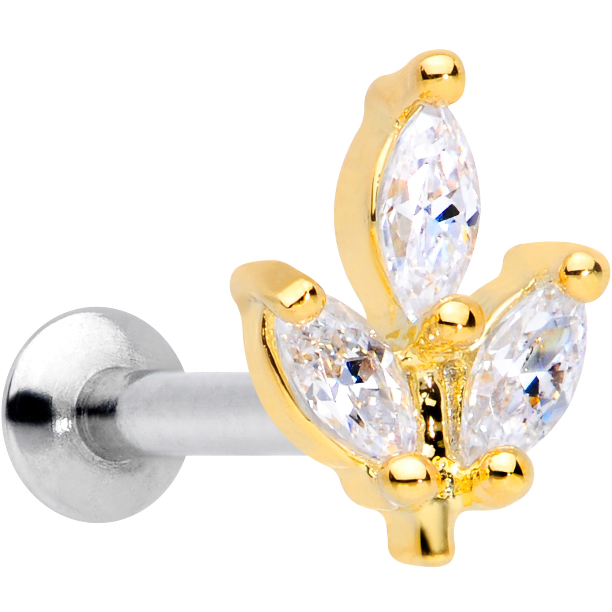 16 Gauge 5/16 CZ Gem Gold PVD Leaf Threadless Push In Labret Tragus