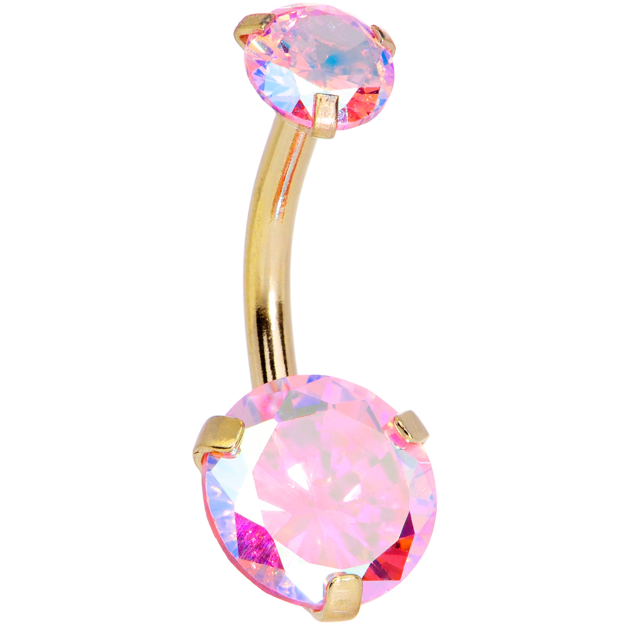 Pink CZ Gem Gold Tone Duo Internally Threaded Belly Ring