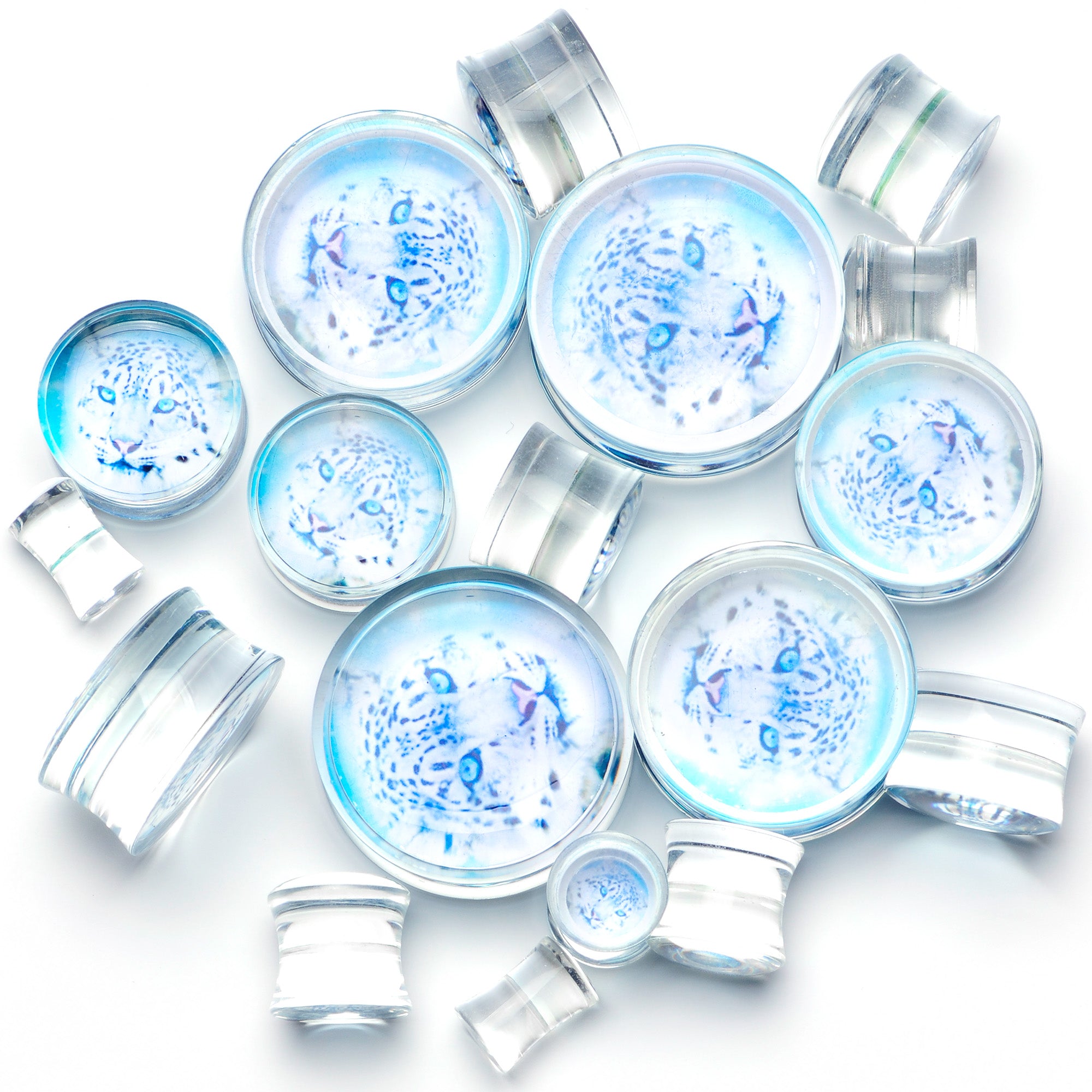 Clear Blue Acrylic Animal Cheetah Saddle Plug Set 2 Gauge to 1 Inch