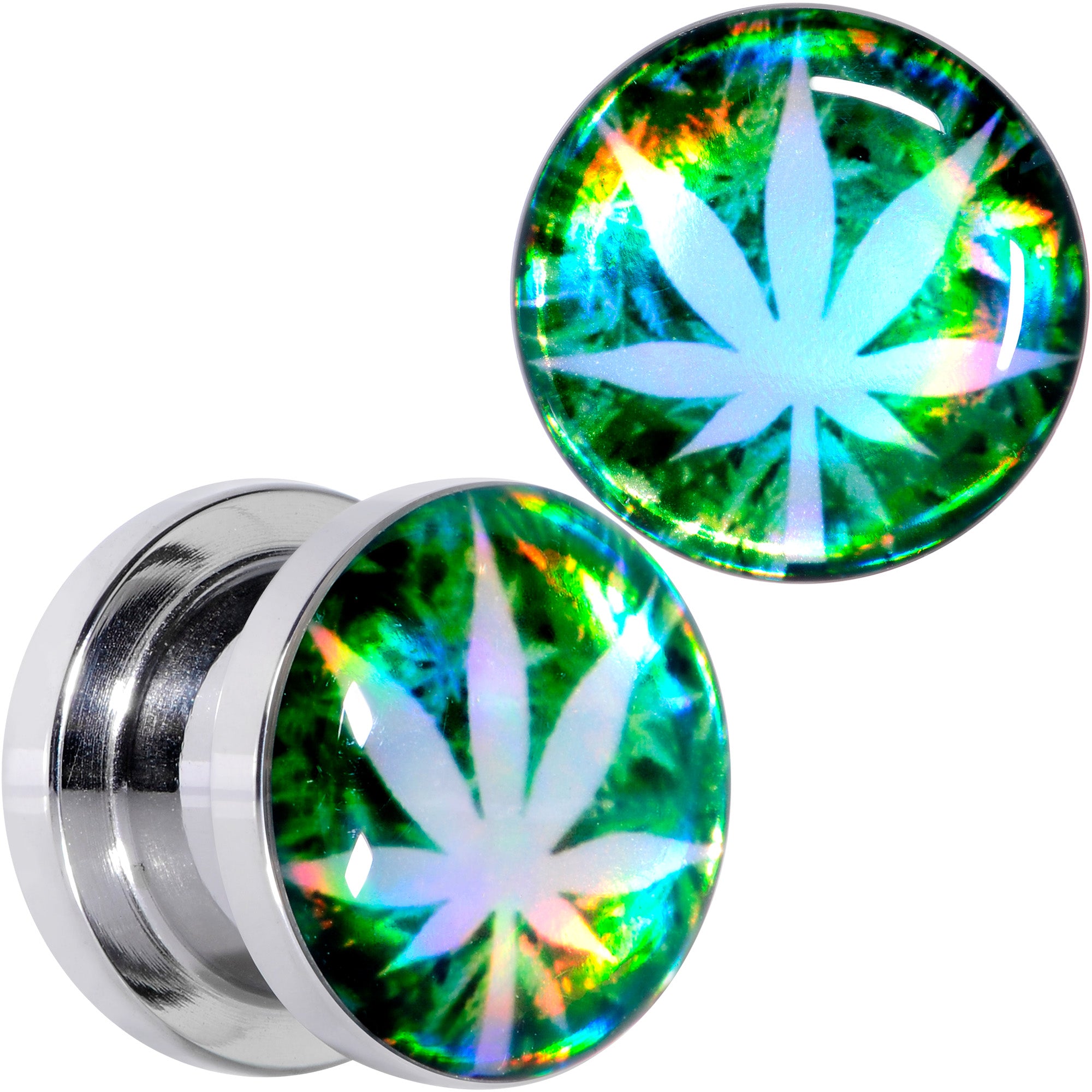 Green Hologram Marijuana Weed Leaf Screw Fit Plug Set 6 Gauge to 1 Inch