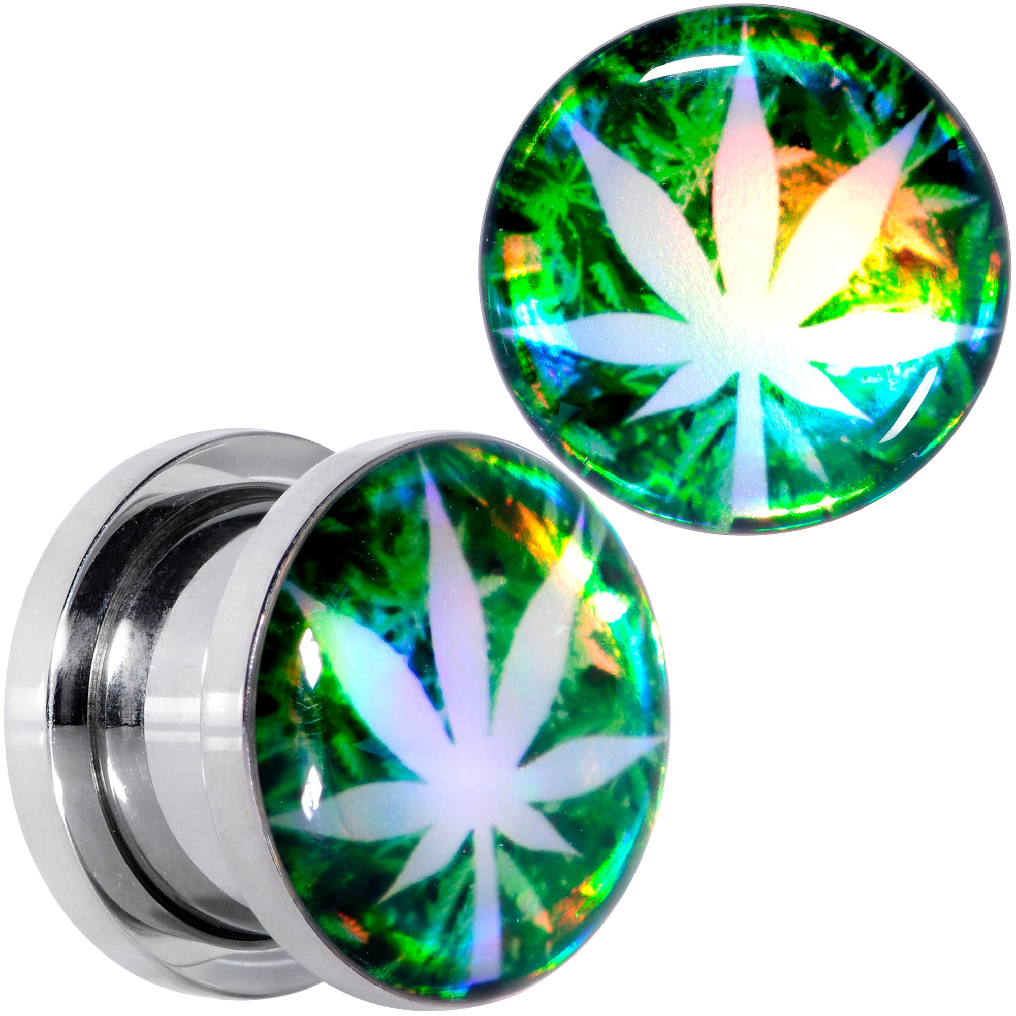 Green Hologram Marijuana Weed Leaf Screw Fit Plug Set 6 Gauge to 1 Inch