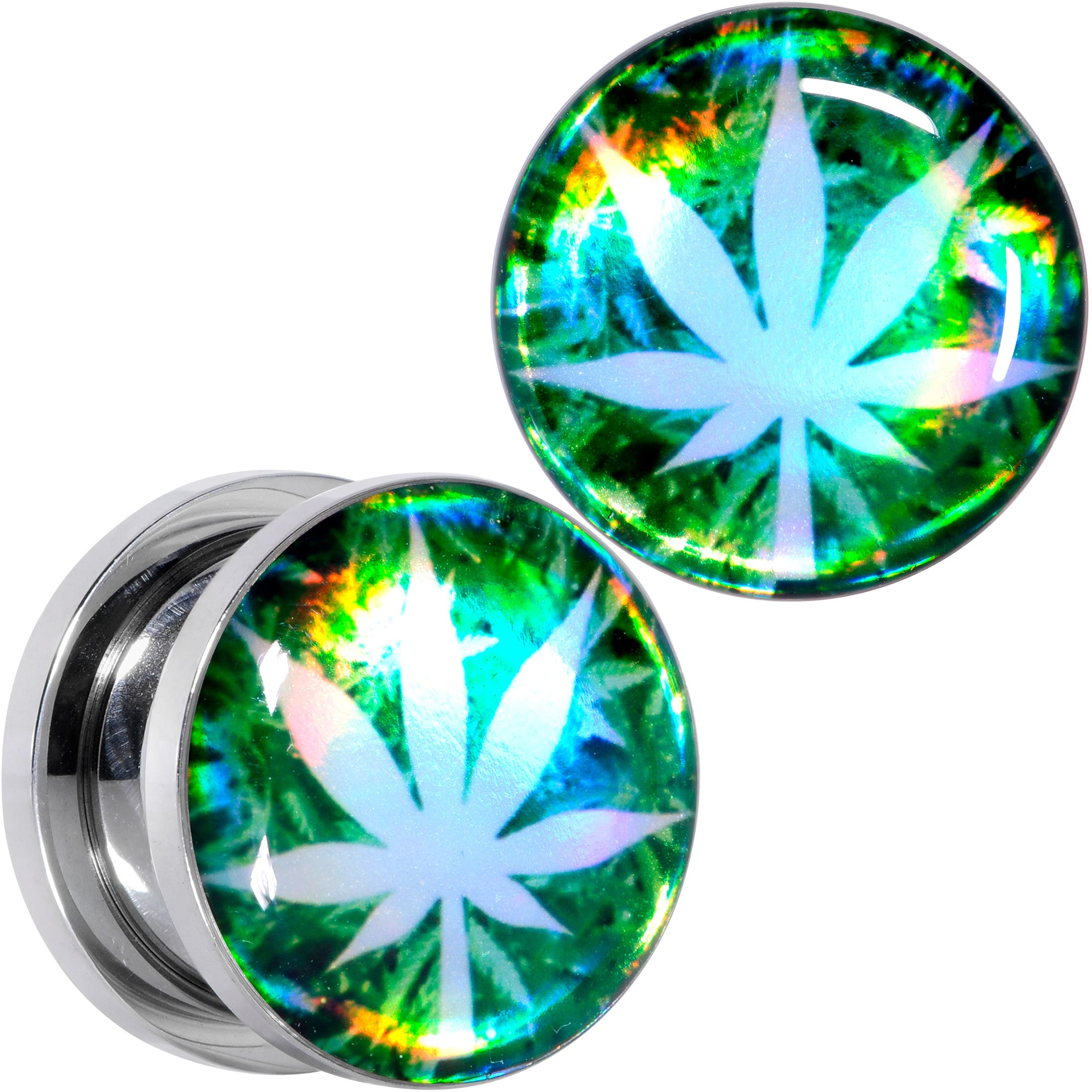 Green Hologram Marijuana Weed Leaf Screw Fit Plug Set 6 Gauge to 1 Inch