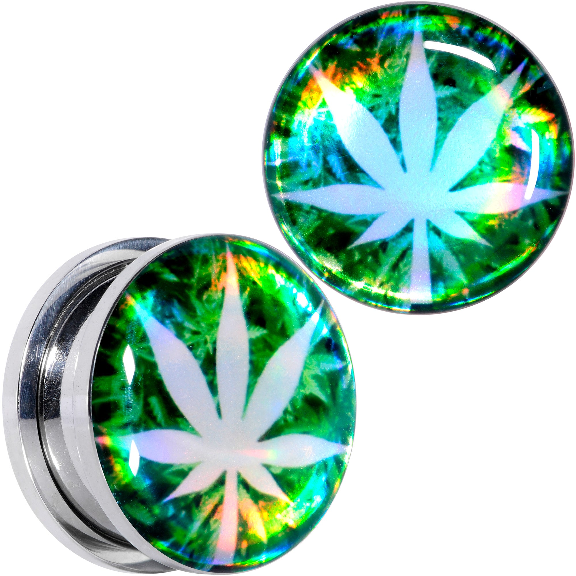 Green Hologram Marijuana Weed Leaf Screw Fit Plug Set, 00 Gauge (10mm) - Surgical Grade Stainless Steel Plug Screw Fit - Body Candy