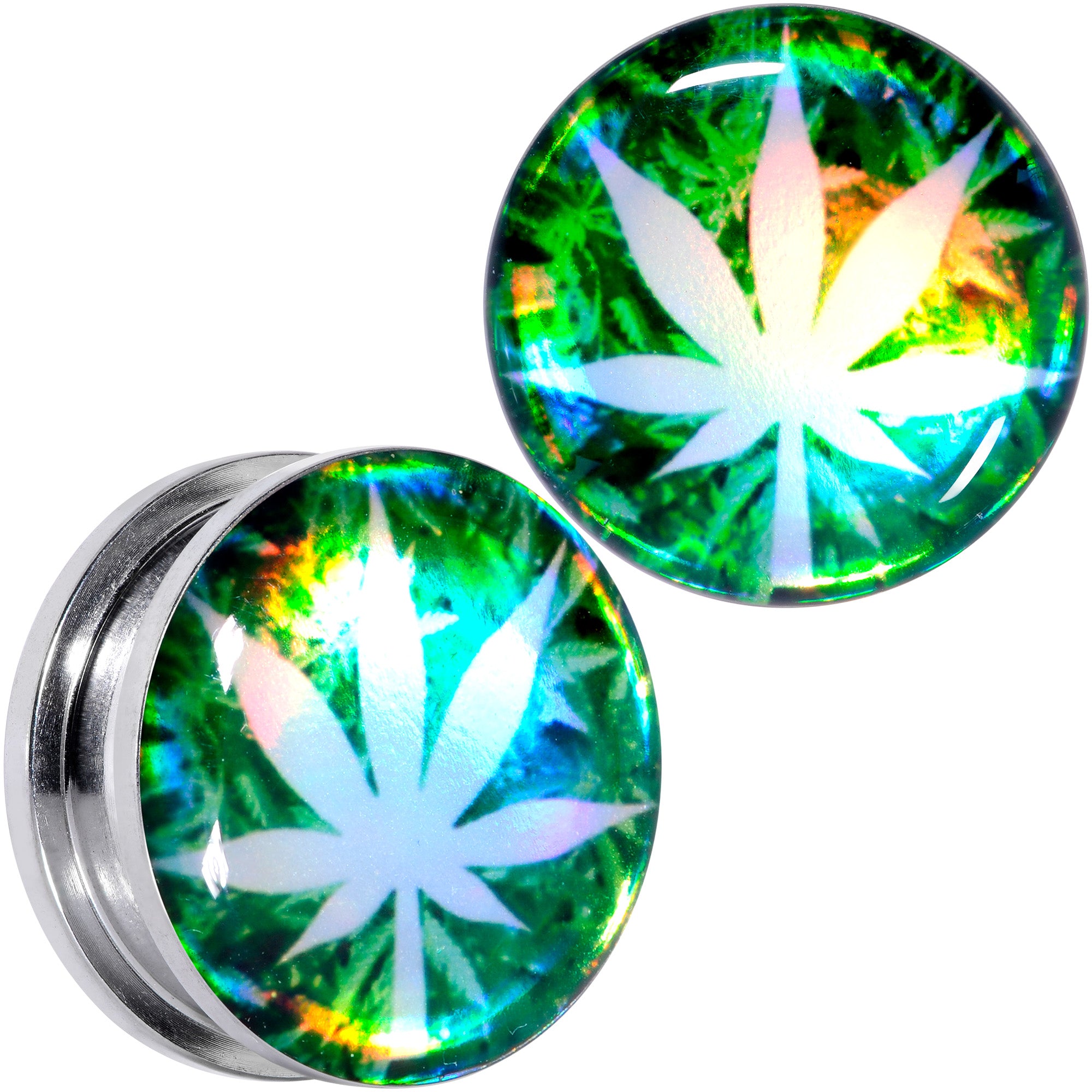 Green Hologram Marijuana Weed Leaf Screw Fit Plug Set 6 Gauge to 1 Inch