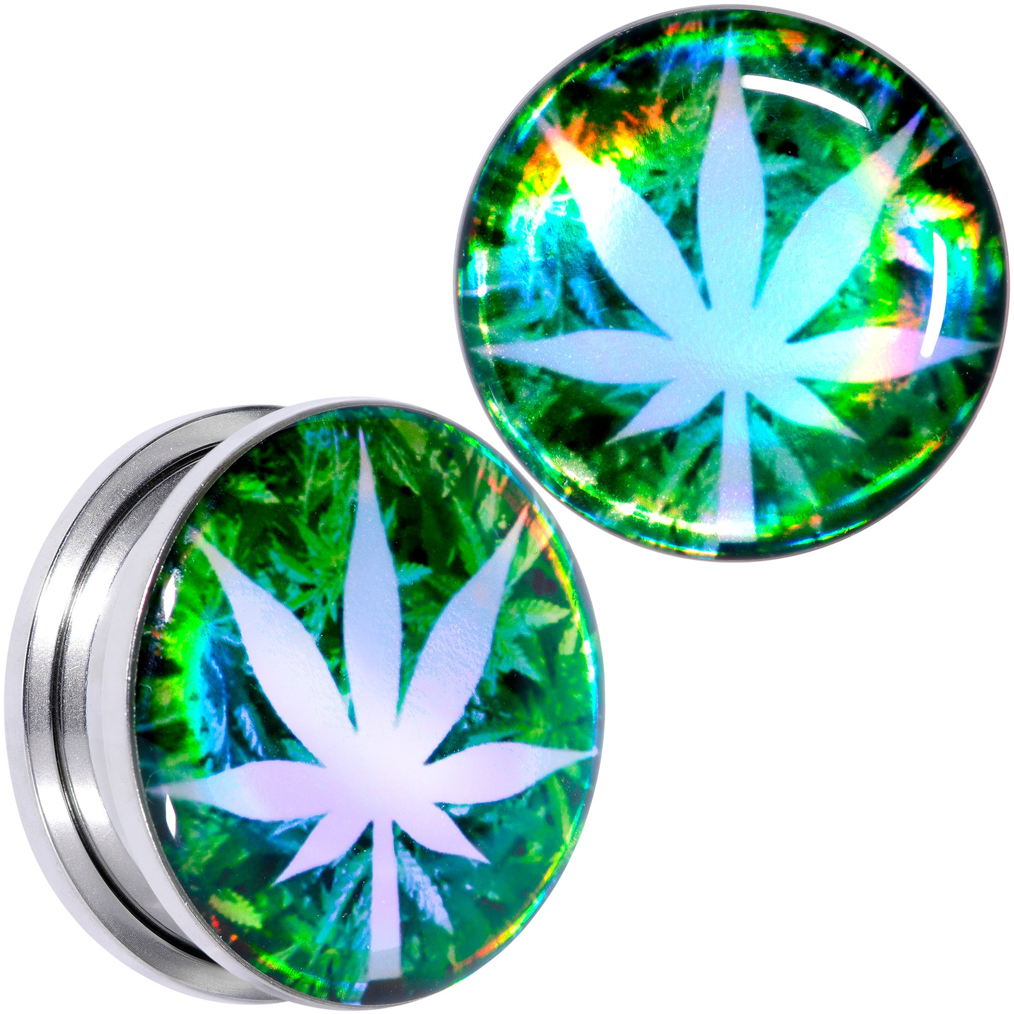 Green Hologram Marijuana Weed Leaf Screw Fit Plug Set 6 Gauge to 1 Inch