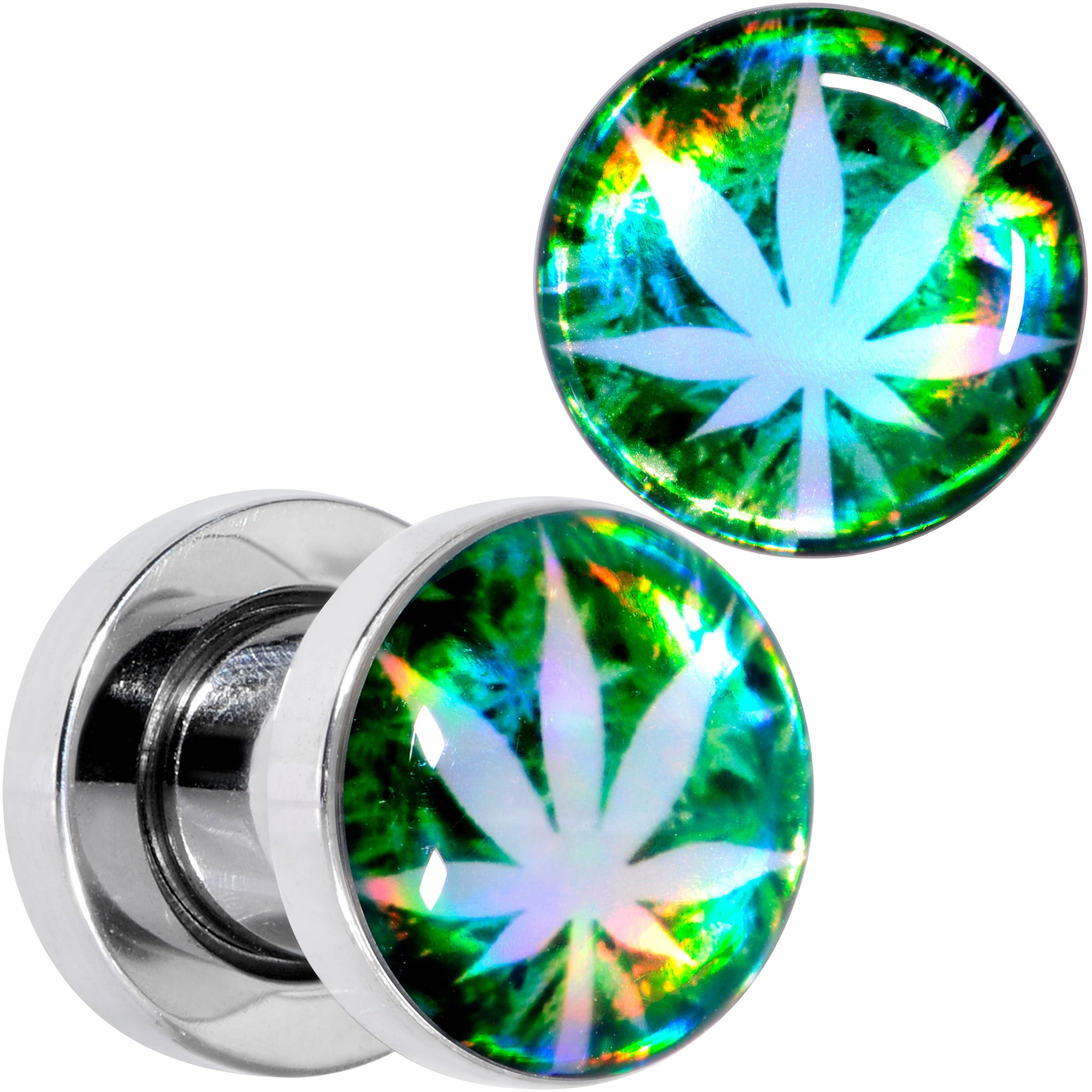 Green Hologram Marijuana Weed Leaf Screw Fit Plug Set 6 Gauge to 1 Inch