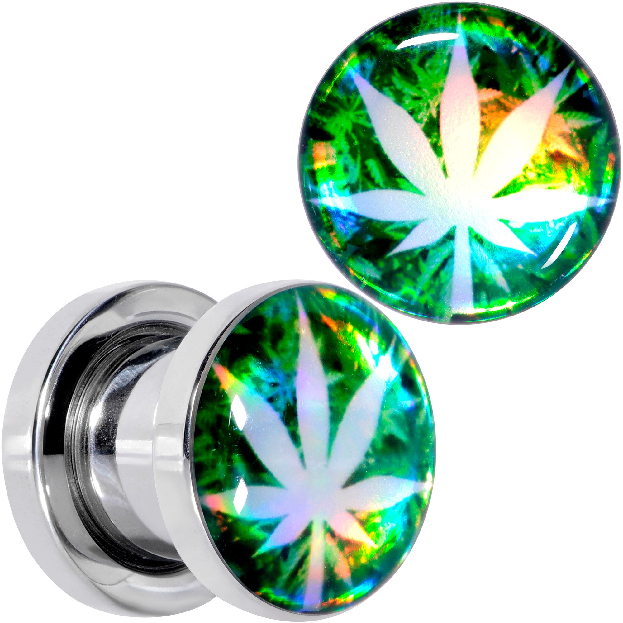 Green Hologram Marijuana Weed Leaf Screw Fit Plug Set 6 Gauge to 1 Inch