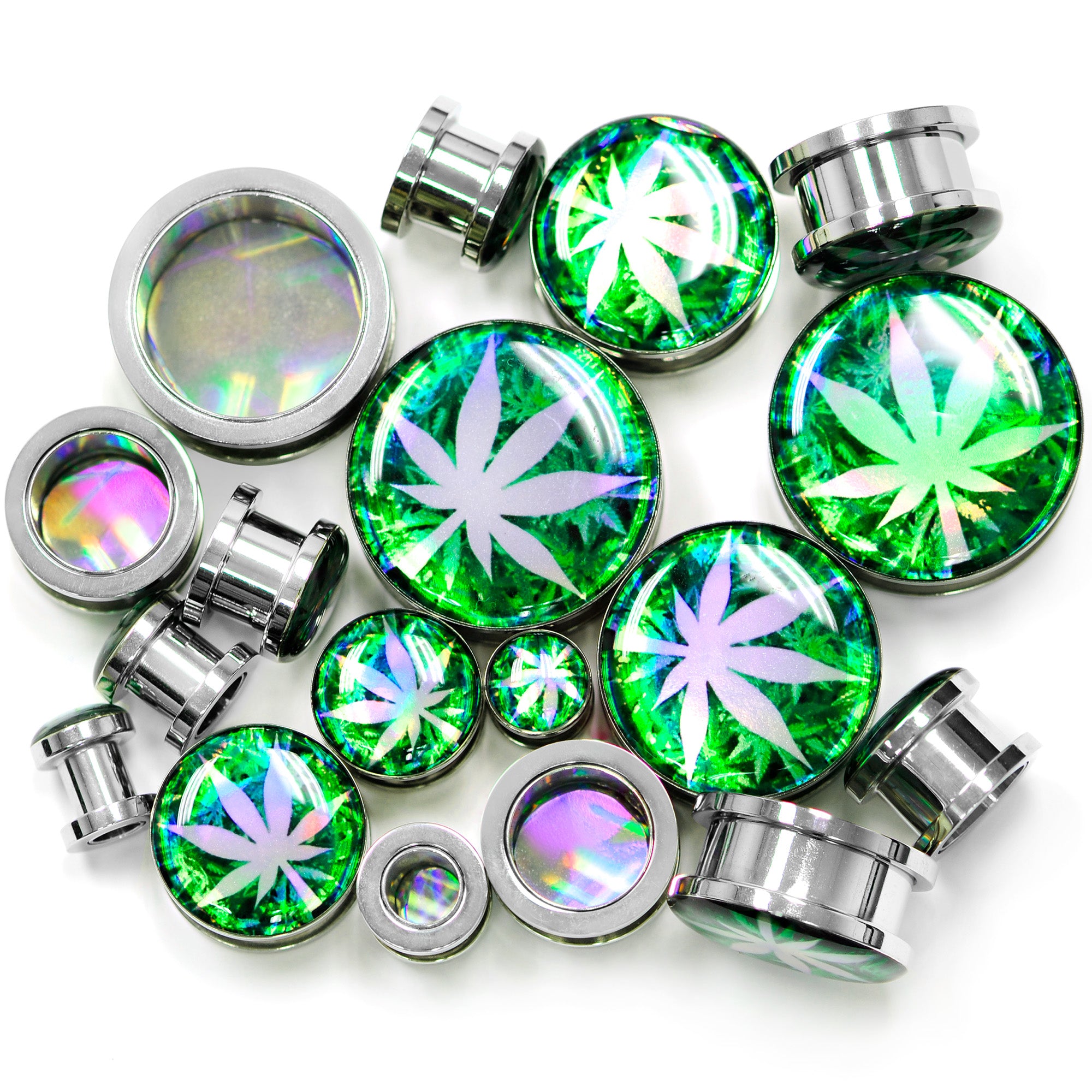 Green Hologram Marijuana Weed Leaf Screw Fit Plug Set 6 Gauge to 1 Inch