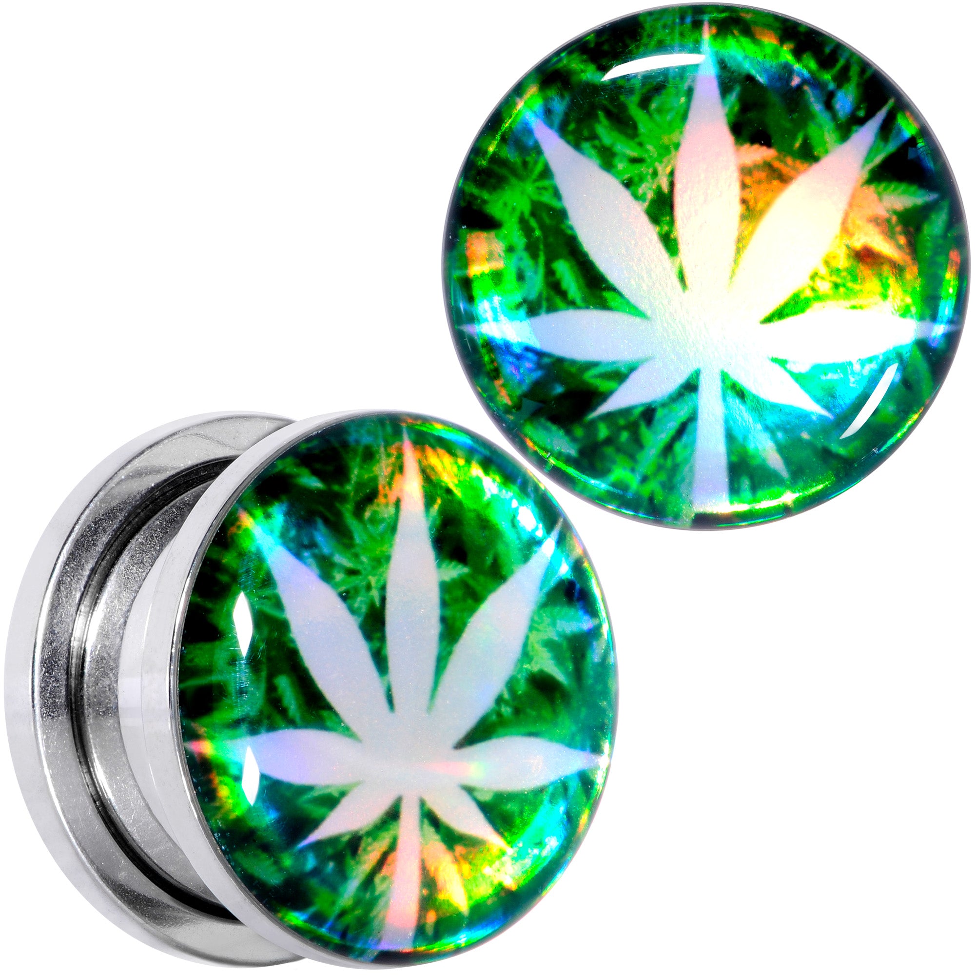 Green Hologram Marijuana Weed Leaf Screw Fit Plug Set 6 Gauge to 1 Inch