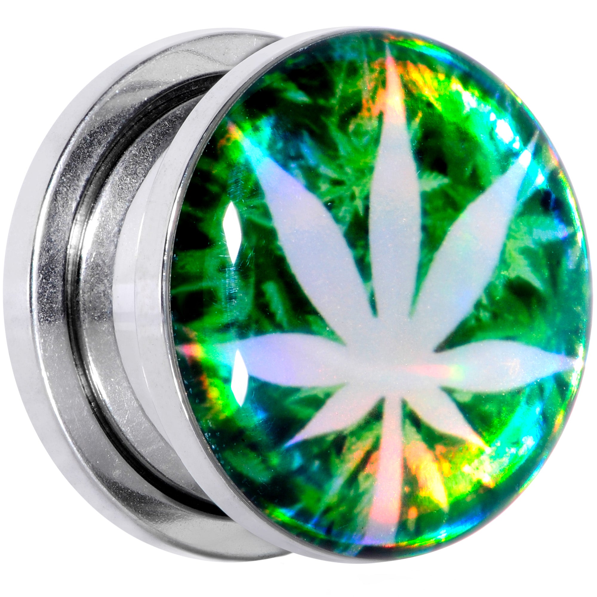 Green Hologram Marijuana Weed Leaf Screw Fit Plug Set 6 Gauge to 1 Inch