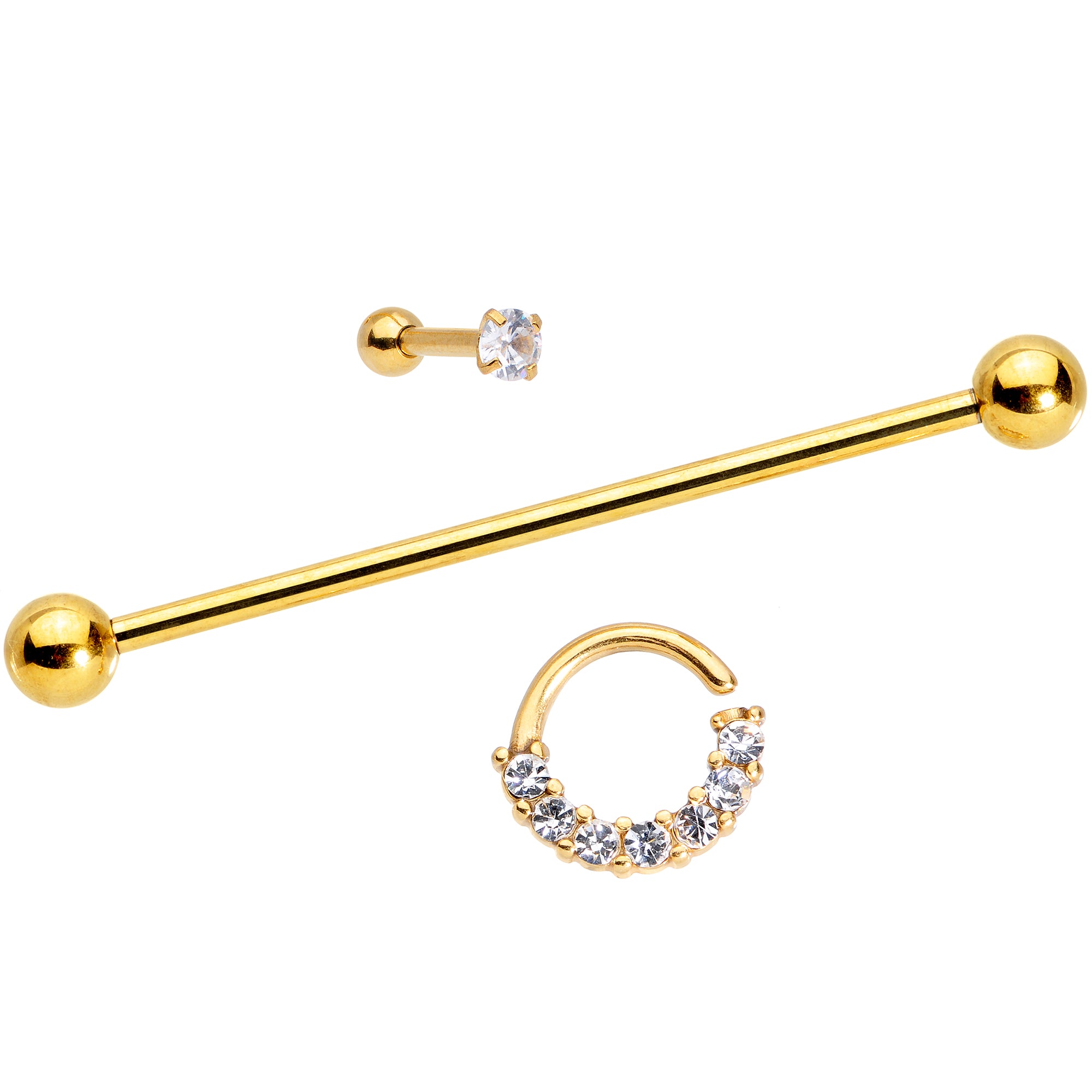 Clear CZ Gem Gold Tone Segment Ring Cartilage Industrial Set of 3