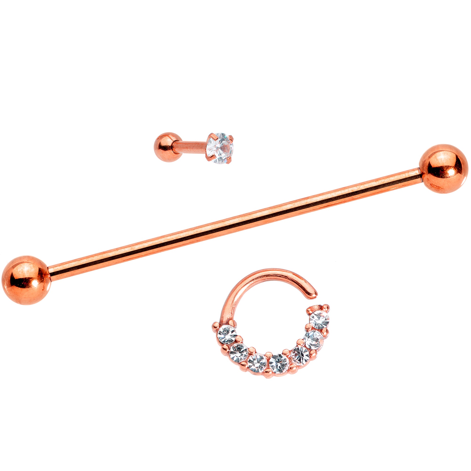 Clear CZ Gem Rose Gold Tone Segment Ring Cartilage Industrial Set of 3