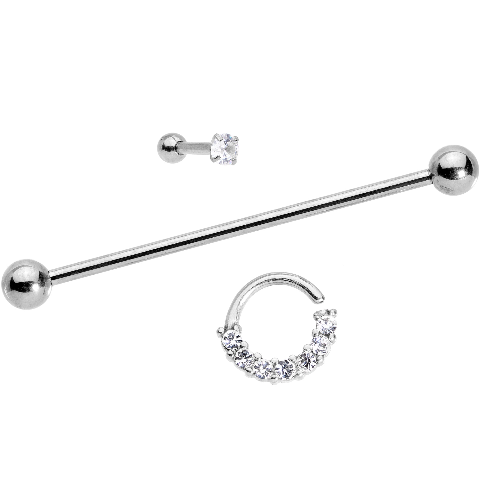 Clear CZ Gem Segment Ring Cartilage Industrial Set of 3