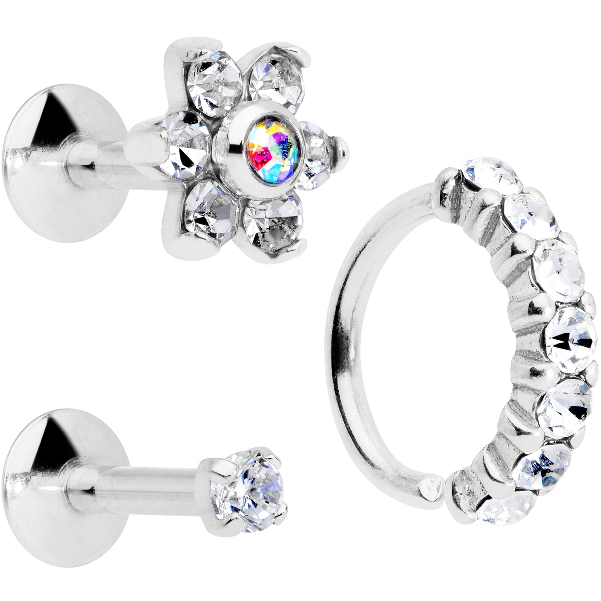 16 Gauge Clear CZ Gem Cartilage Labret Closure Ring Set of 3