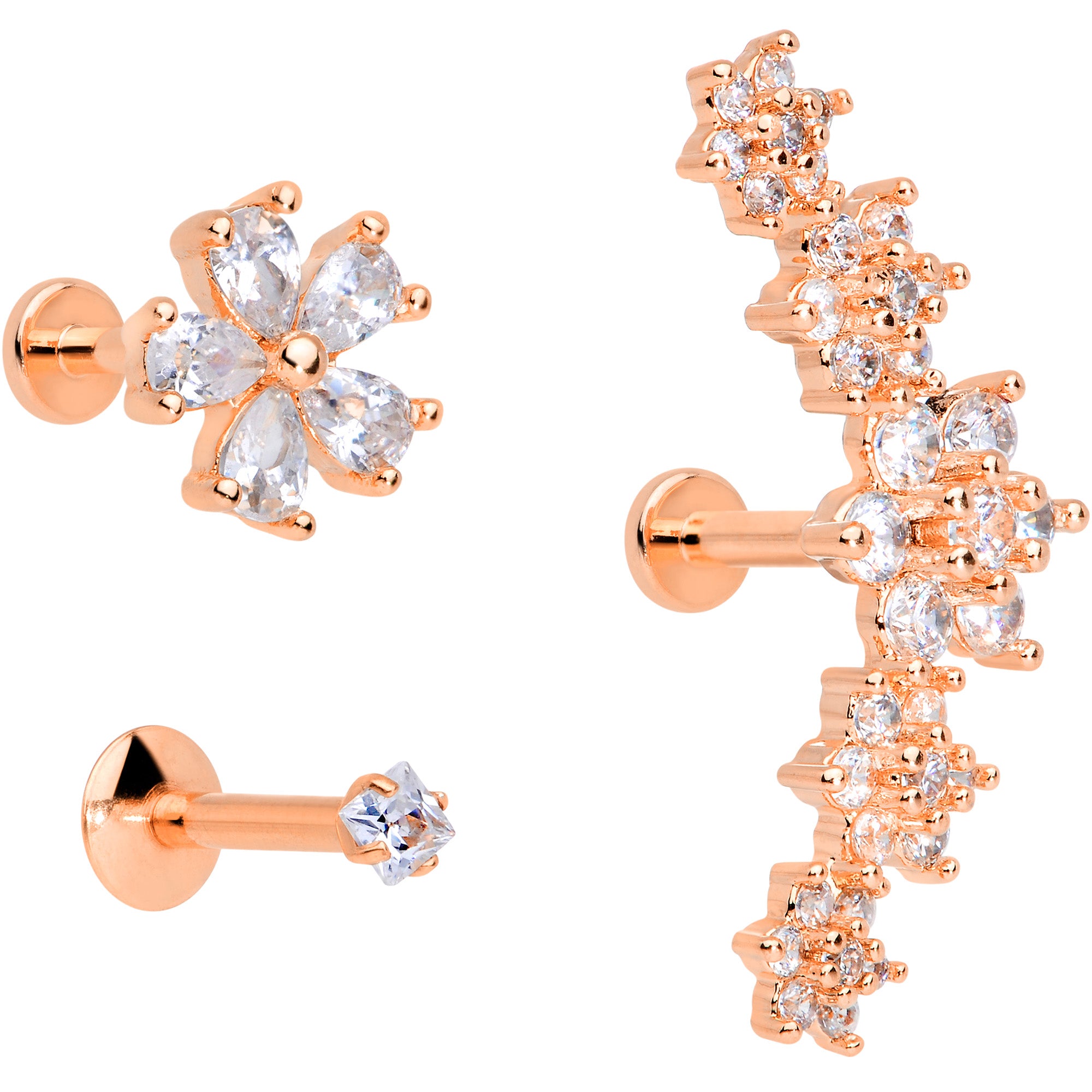 16 Gauge 1/4 Clear CZ Gem Rose Gold Tone Floral Labret Tragus Set of 3