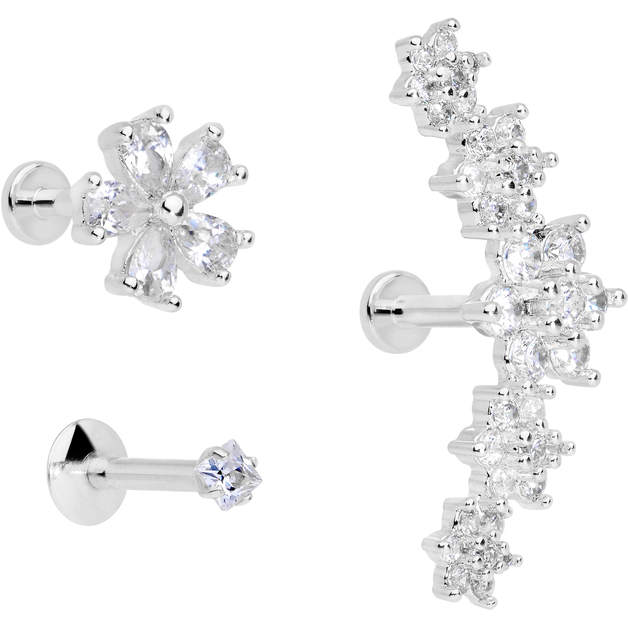 16 Gauge 1/4 Clear CZ Gem Floral Labret Tragus Set of 3