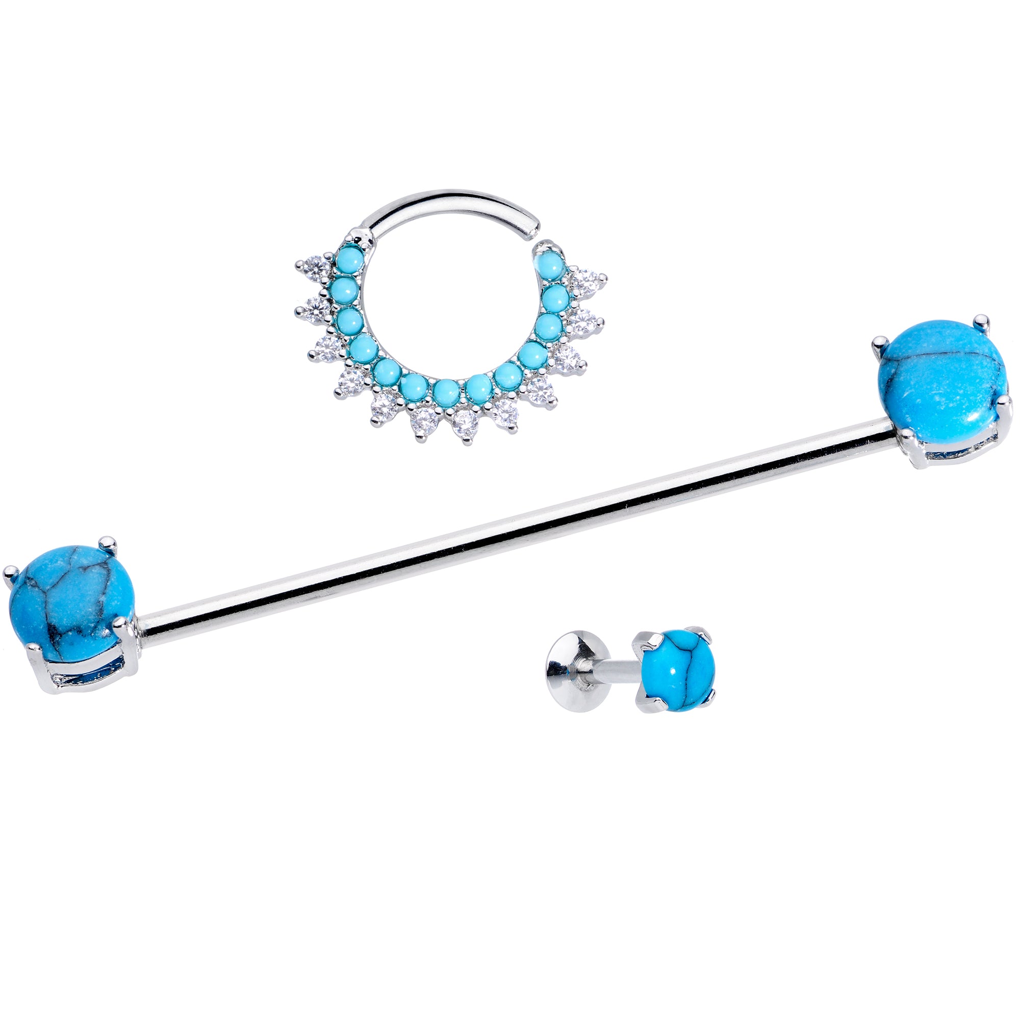 Aqua CZ Gem Faux Turquoise Labret Stud Cartilage Industrial Set of 3