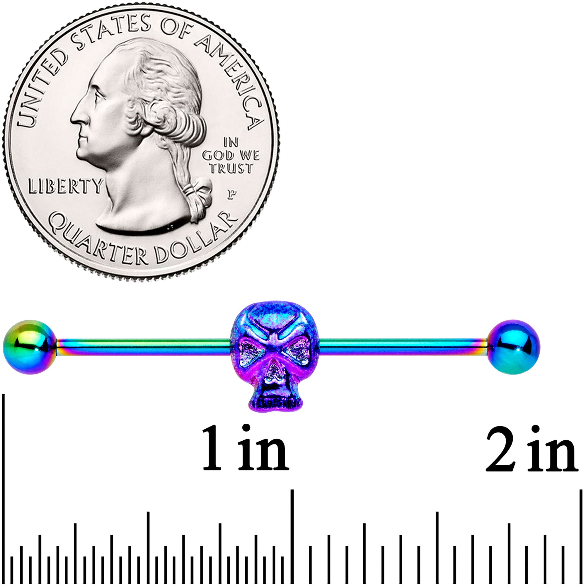 14 Gauge Rainbow Plated Scary Skull Industrial Barbell 38mm