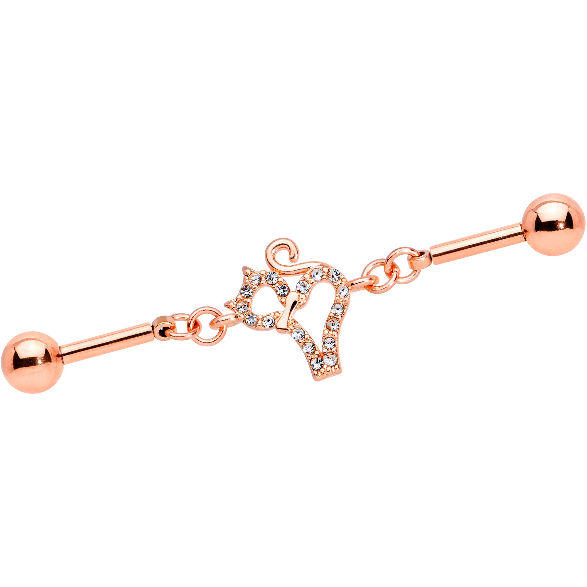 14 Gauge Clear Gem Rose Gold Tone Cat Double Industrial Barbell 40mm