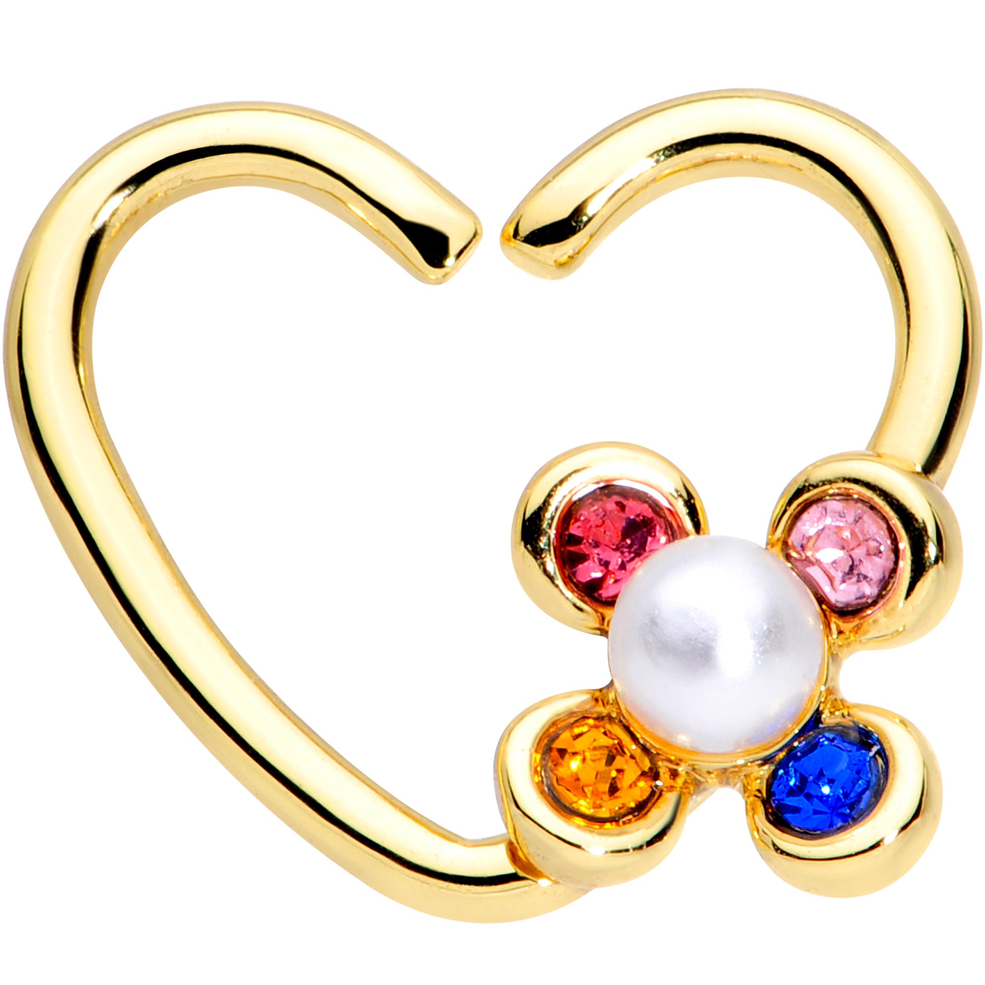 16 Gauge 3/8 Pink Blue Gem Gold Tone Flower Heart Right Closure Ring