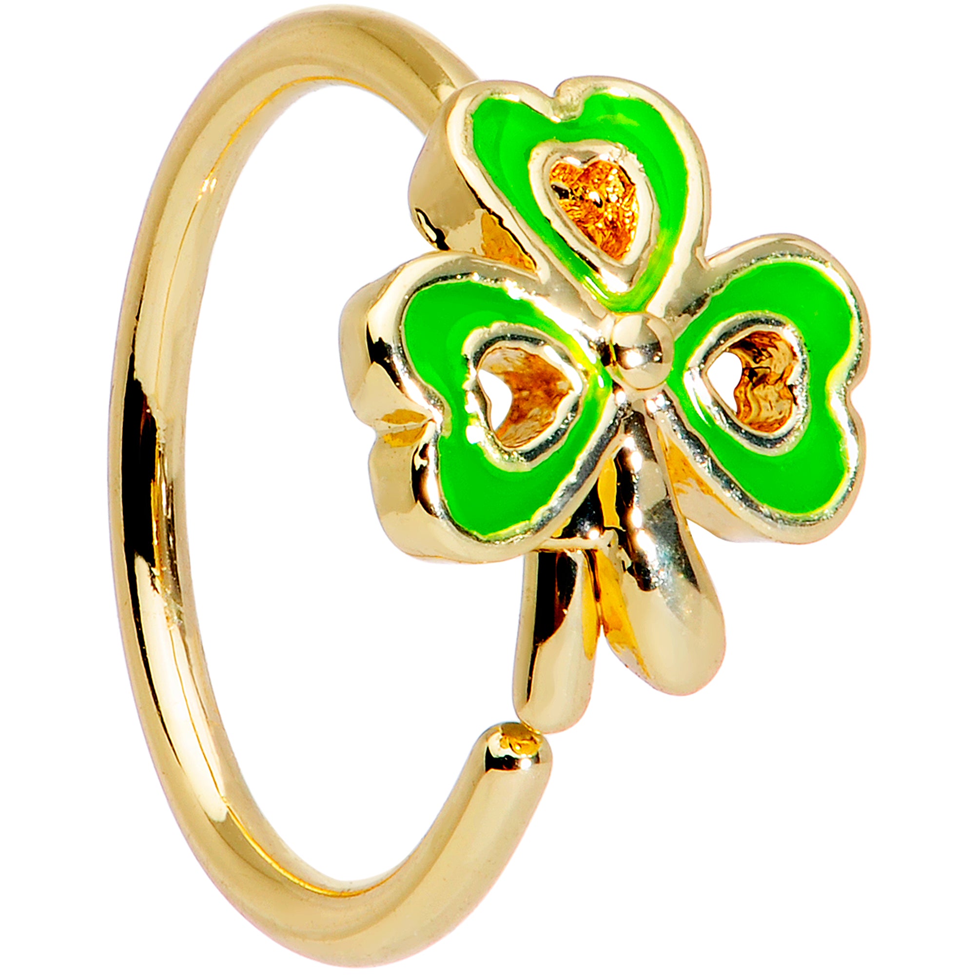 20 Gauge 5/16 Gold Tone Green Heart Shamrock St Patricks Day Nose Hoop