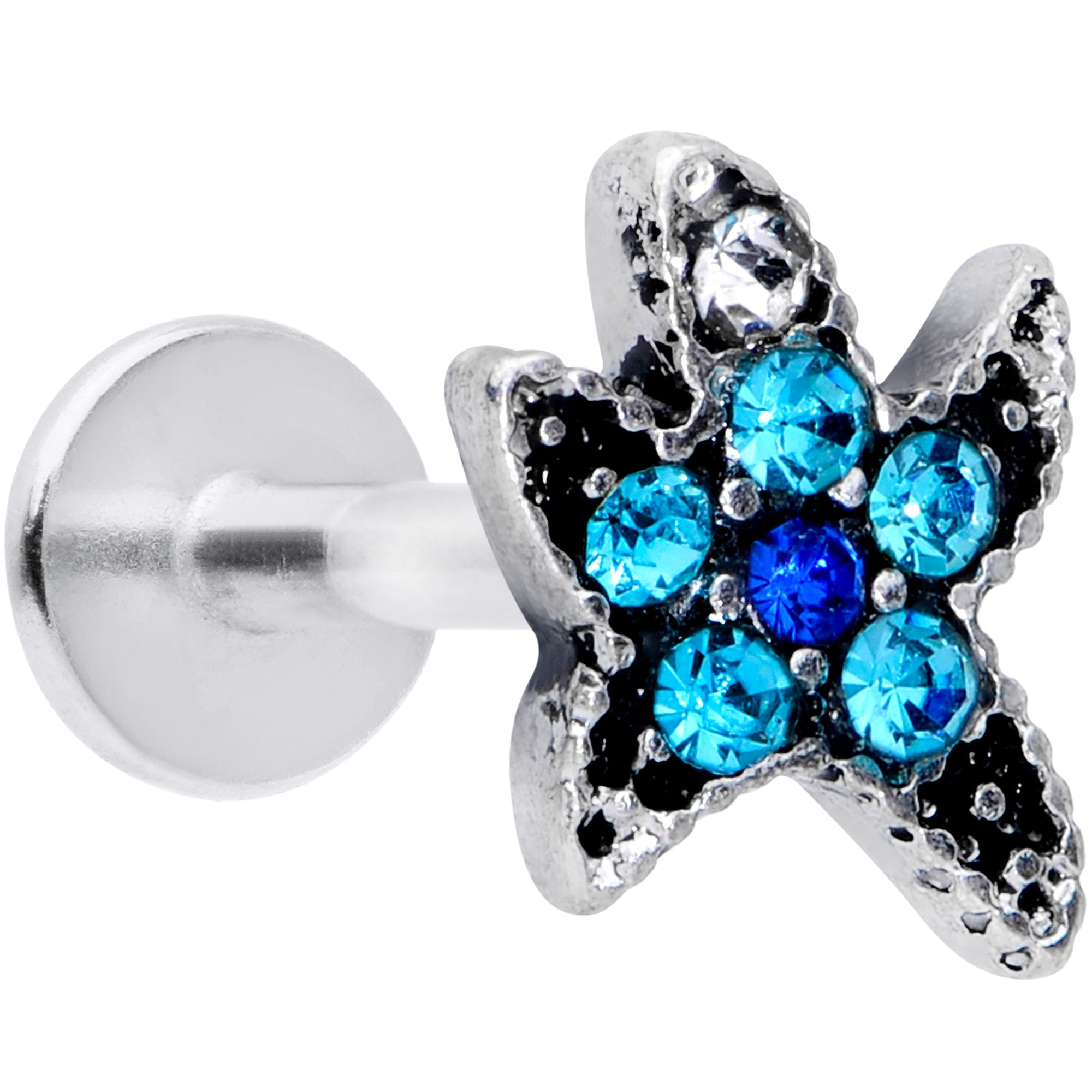 16 Gauge 5/16 Aqua Blue Gem Starfish Labret Monroe Tragus