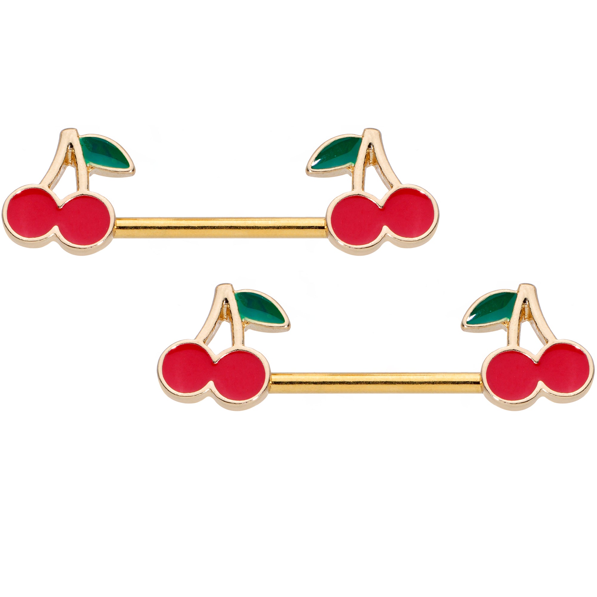 14 Gauge 9/16 Gold Tone Charming Cherries Barbell Nipple Ring Set