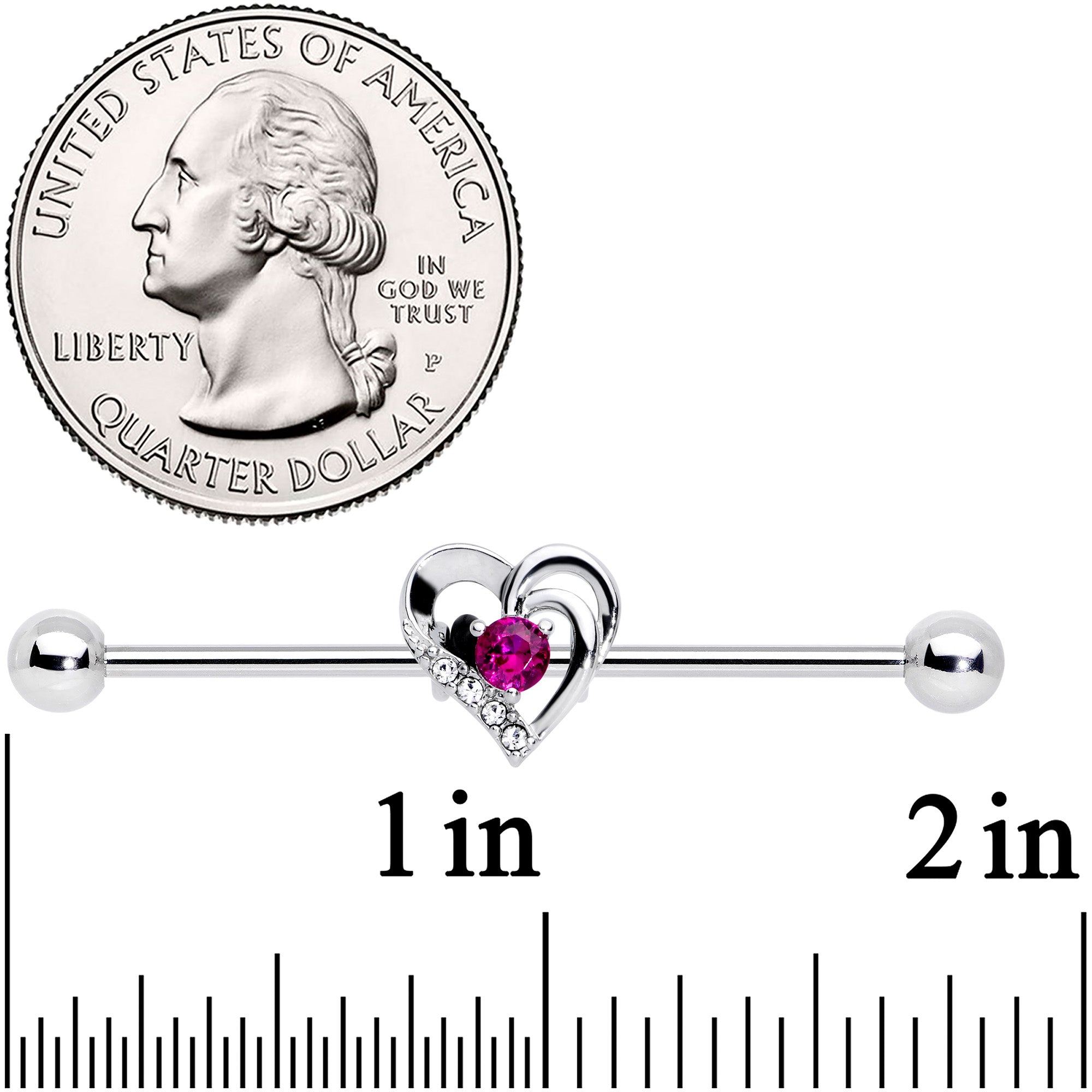 14 Gauge Clear Pink Gem Heart Valentines Day Industrial Barbell 38mm