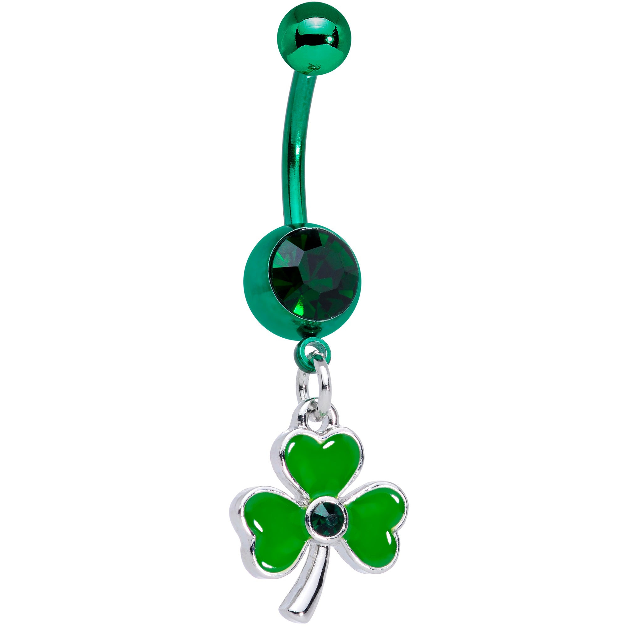 Green Gem Green PVD Shamrock St Patricks Day Dangle Belly Ring