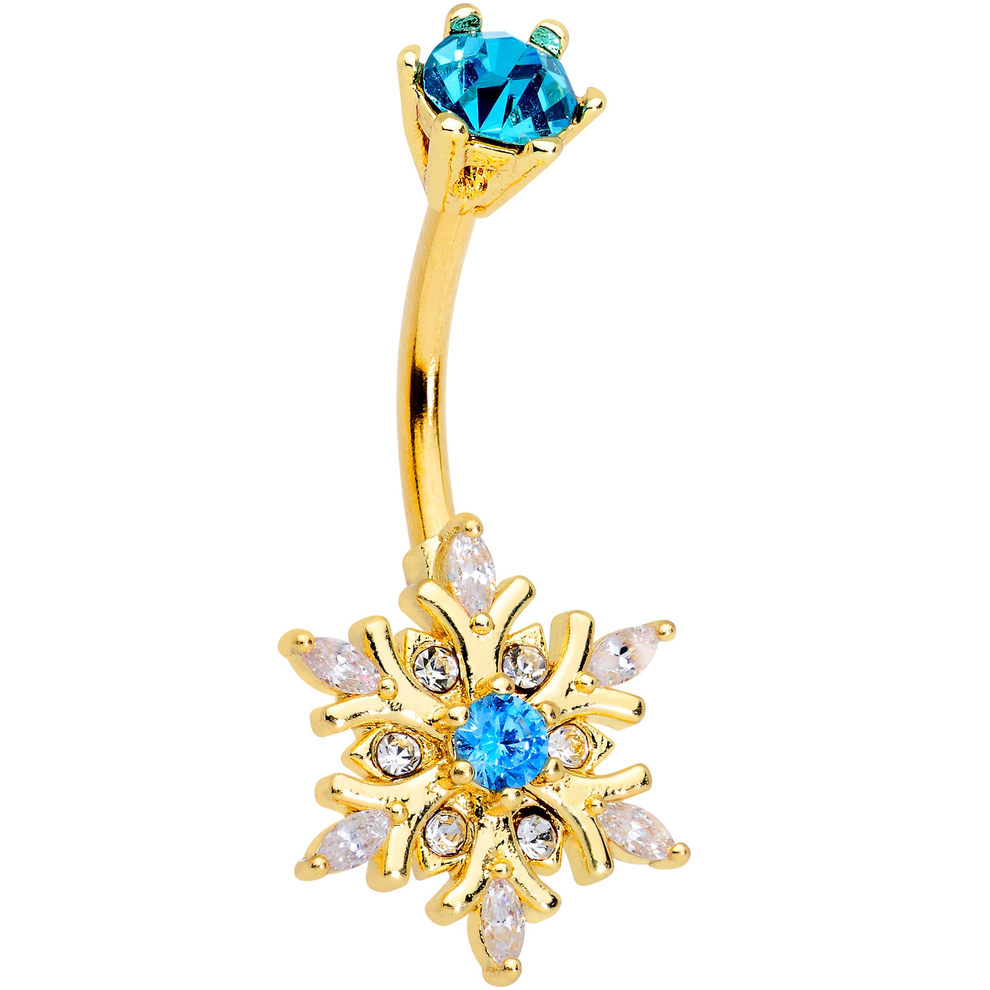 Blue CZ Gem Gold Tone Snowflake Christmas Belly Ring